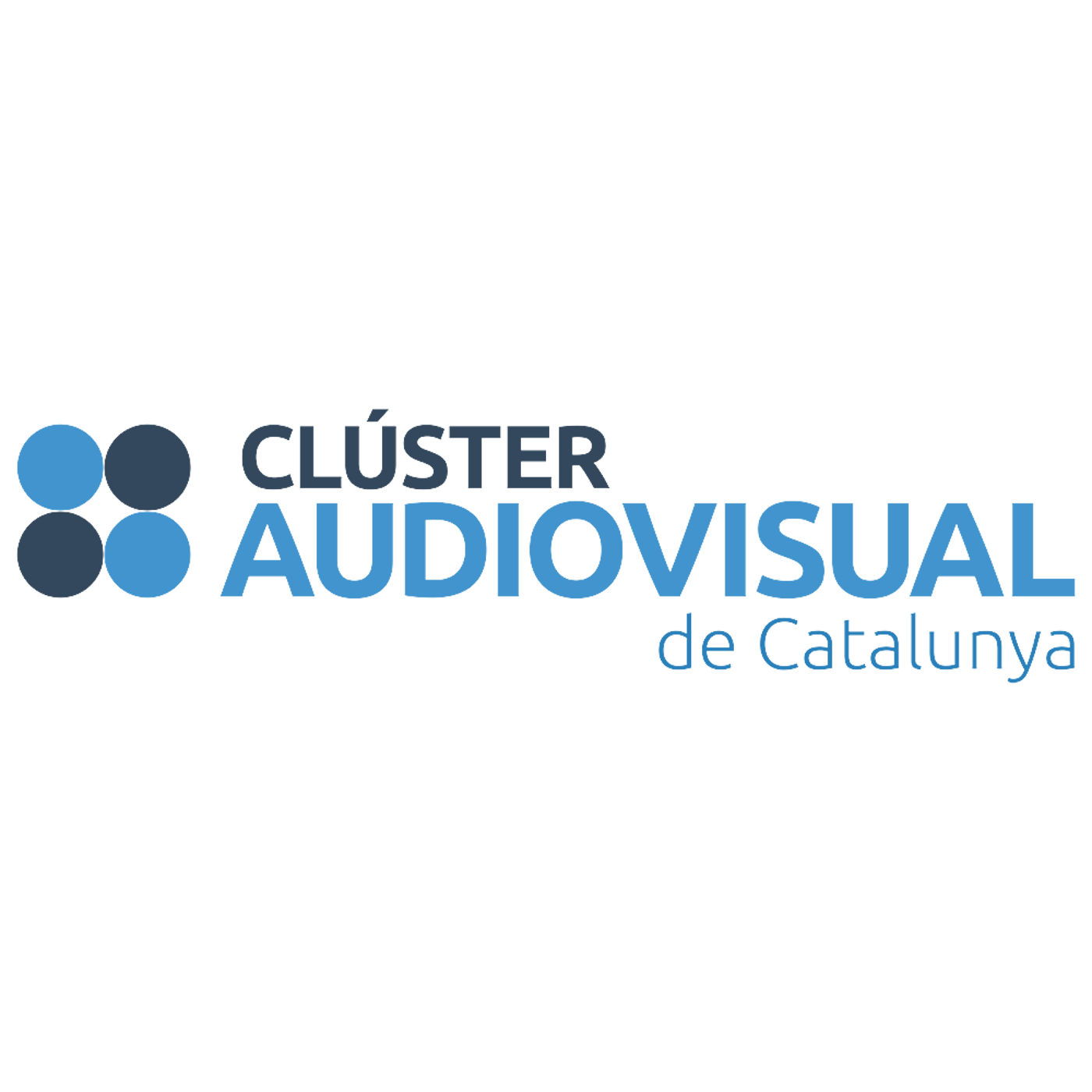 The image displays the logo for the Audiovisual Cluster of Catalonia. The logo features the word "CLÚSTER" above the word "AUDIOVISUAL" in a stylized font, followed by "de Catalunya" in a smaller font. To the left, there are four circles arranged in a square pattern.