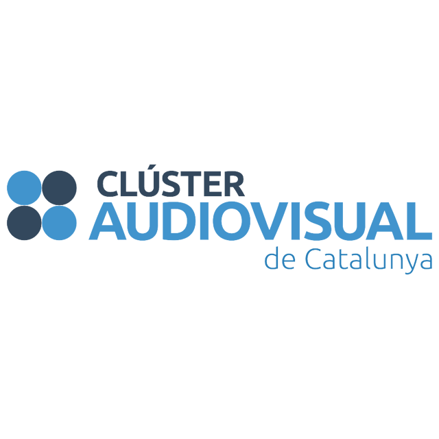 The image displays the logo for the Audiovisual Cluster of Catalonia. The logo features the word "CLÚSTER" above the word "AUDIOVISUAL" in a stylized font, followed by "de Catalunya" in a smaller font. To the left, there are four circles arranged in a square pattern.