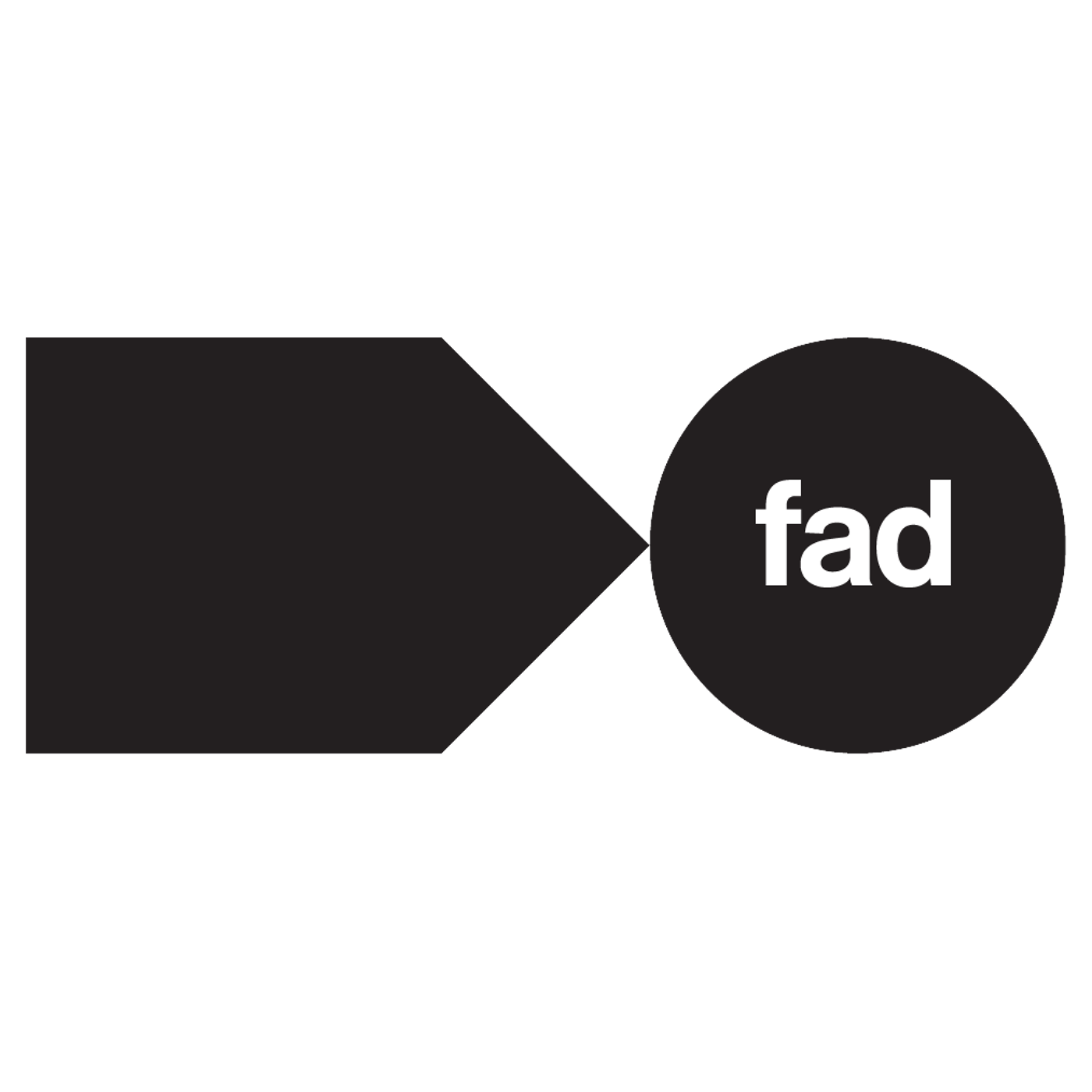 The image shows a logo with a black geometric shape resembling an arrow pointing to the right. The arrow connects to a black circle containing the word "fad" in white, lowercase letters. The background is black.