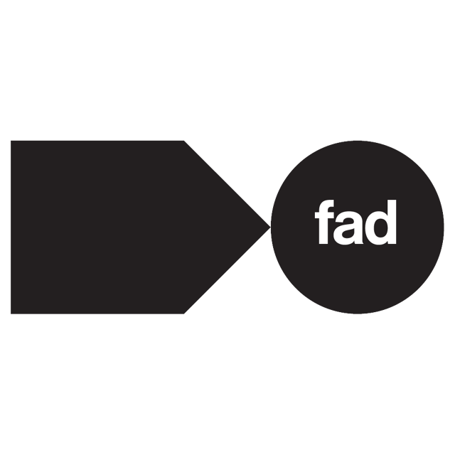 The image shows a logo with a black geometric shape resembling an arrow pointing to the right. The arrow connects to a black circle containing the word "fad" in white, lowercase letters. The background is black.