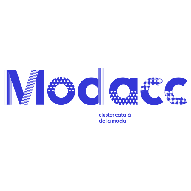 The image displays the word "Modacc" in a stylized, blue font. Below it, there's smaller text in blue that reads "cluster català de la moda". The background is black, making the blue text stand out. The letters in "Modacc" have a textured pattern.