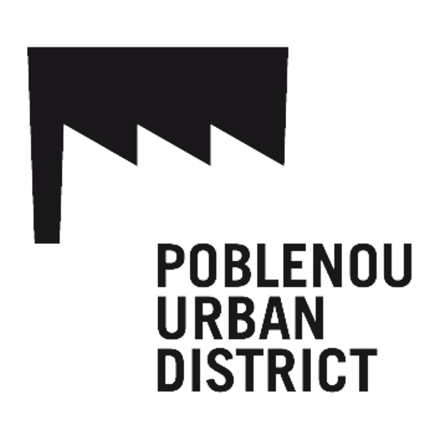 The image features a logo for the Poblenou Urban District. The logo includes a stylized graphic of a factory or industrial building silhouette, positioned above the text "POBLENOU URBAN DISTRICT" in a stacked, sans-serif font.
