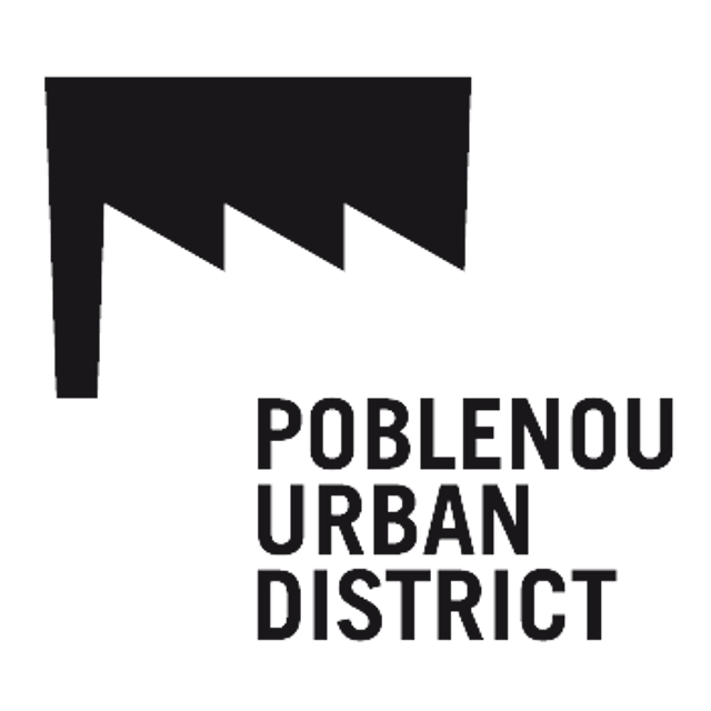 The image features a logo for the Poblenou Urban District. The logo includes a stylized graphic of a factory or industrial building silhouette, positioned above the text "POBLENOU URBAN DISTRICT" in a stacked, sans-serif font.