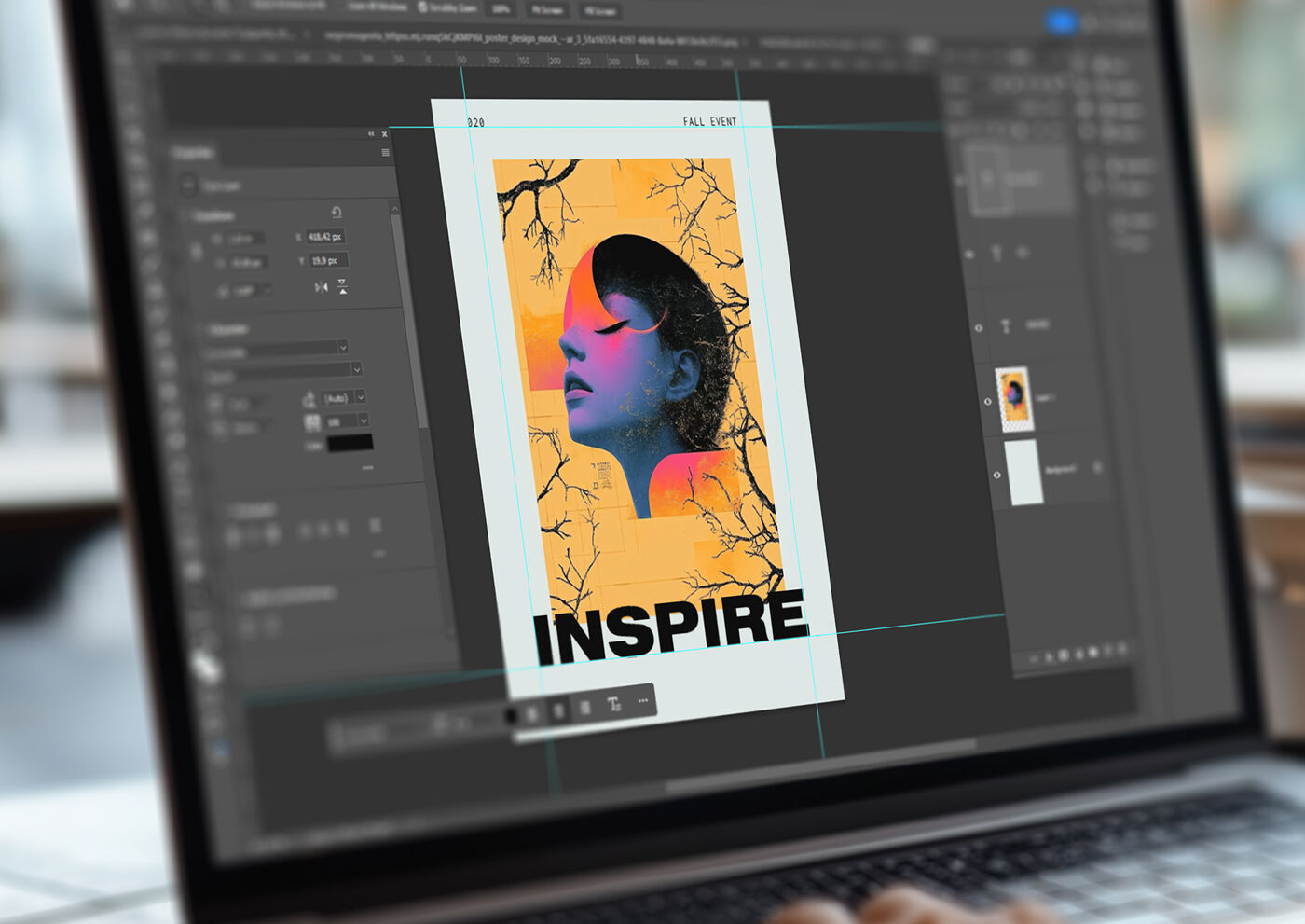 The image shows a laptop screen displaying a digital art piece with a portrait of a woman and the word "INSPIRE" at the bottom. The art has a vibrant color scheme with orange, blue, and black hues. The laptop is on a desk, suggesting a creative workspace.