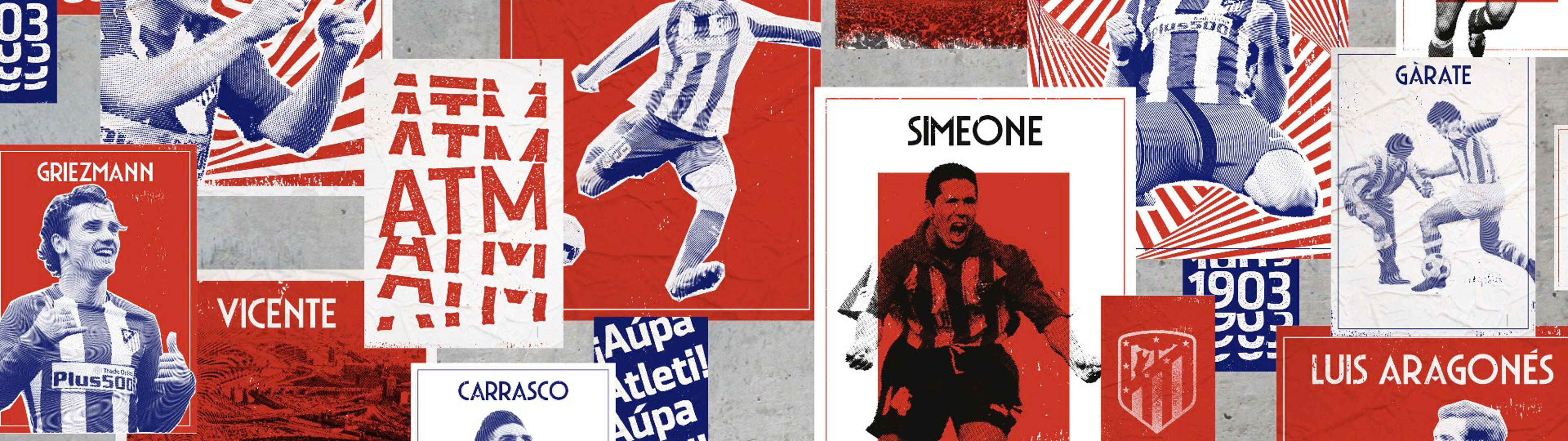 Montaje de imágenes e iconos representando al club de fútbol Atlético de Madrid, mostrando jugadores e historia del equipo.