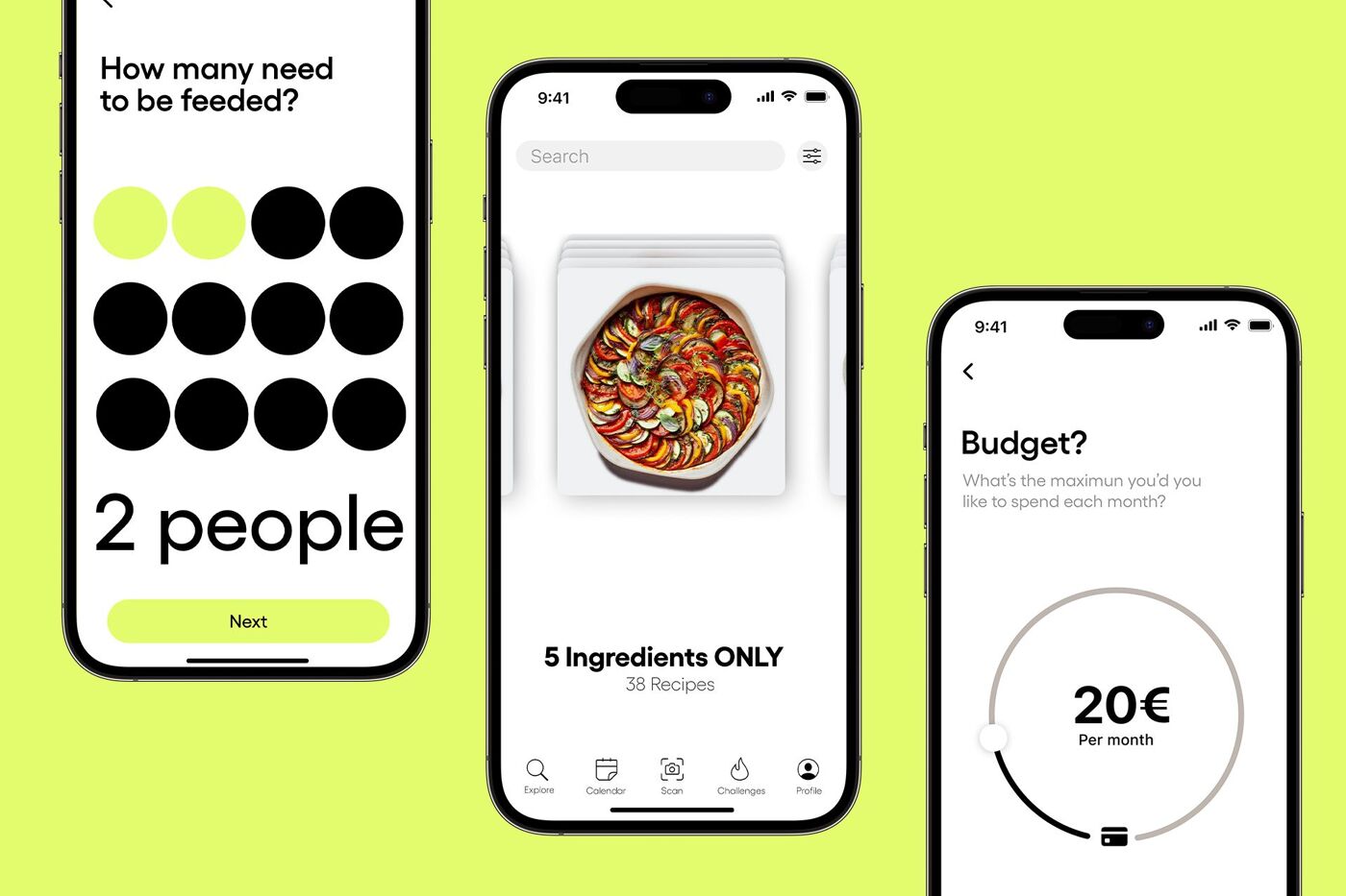 A modern mobile app interface for meal planning, featuring screens for selecting the number of people, browsing recipes, and setting a budget. The clean design uses vibrant colors, minimalist icons, and user-friendly navigation to simplify meal preparation and budgeting
