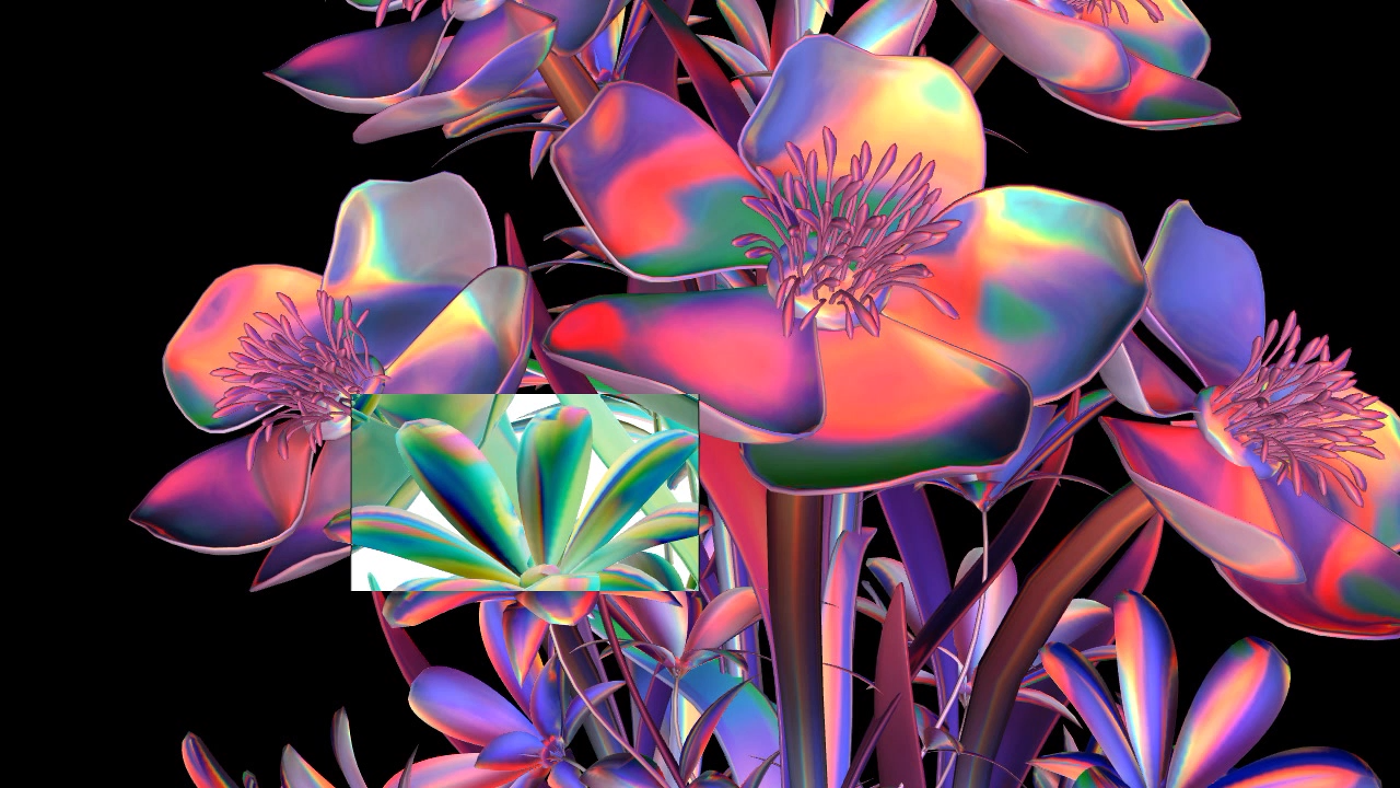 A vibrant digital illustration featuring flowers with an iridescent finish, showcasing a spectrum of colors like pink, purple, blue, and green. The glossy, futuristic textures and bold contrasts create a mesmerizing and modern aesthetic against a black background.