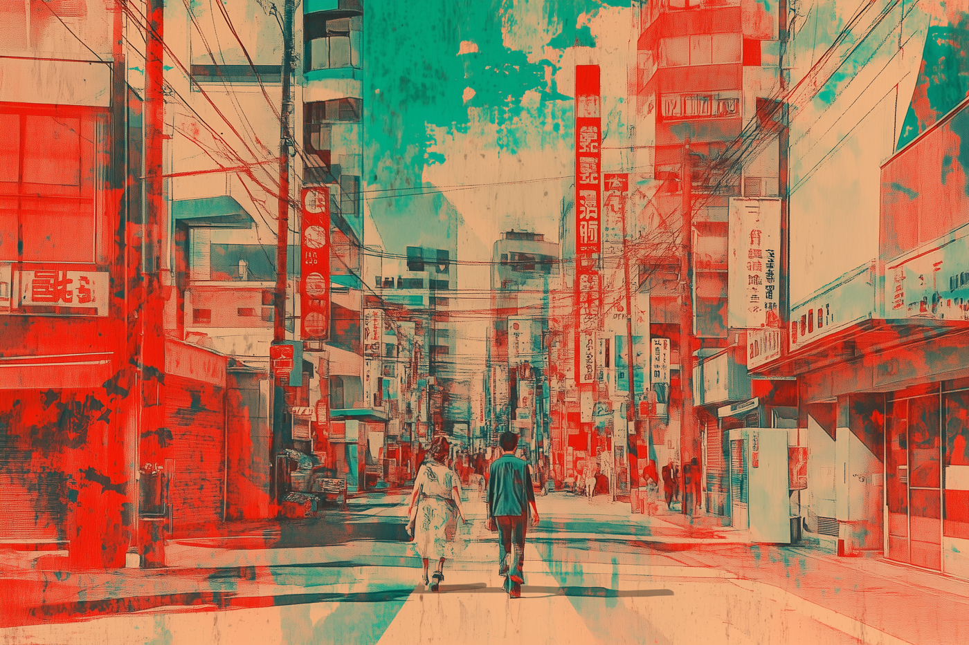 A digitally enhanced urban street scene featuring two individuals walking amidst Japanese-style signage and buildings. The image employs bold red and teal tones, creating a striking, abstract aesthetic with a blend of realism and artistic expression.