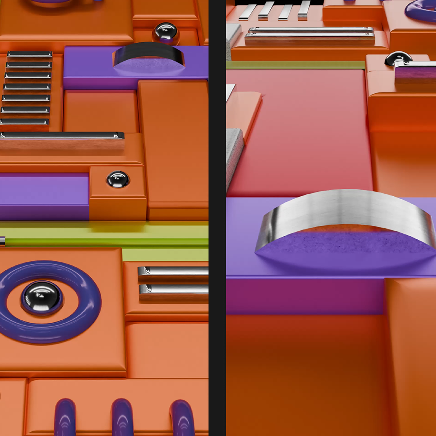 Close-up view of a vibrant, geometric abstract artwork featuring a combination of orange, purple, green, and metallic silver elements in a layered, three-dimensional composition.