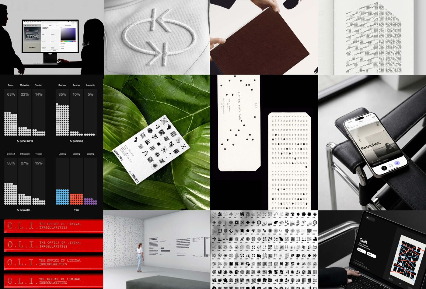 This image is a mood board featuring a variety of graphic design elements, including logos, typography, data visualizations, and product mockups, showcasing a modern and minimalist aesthetic.