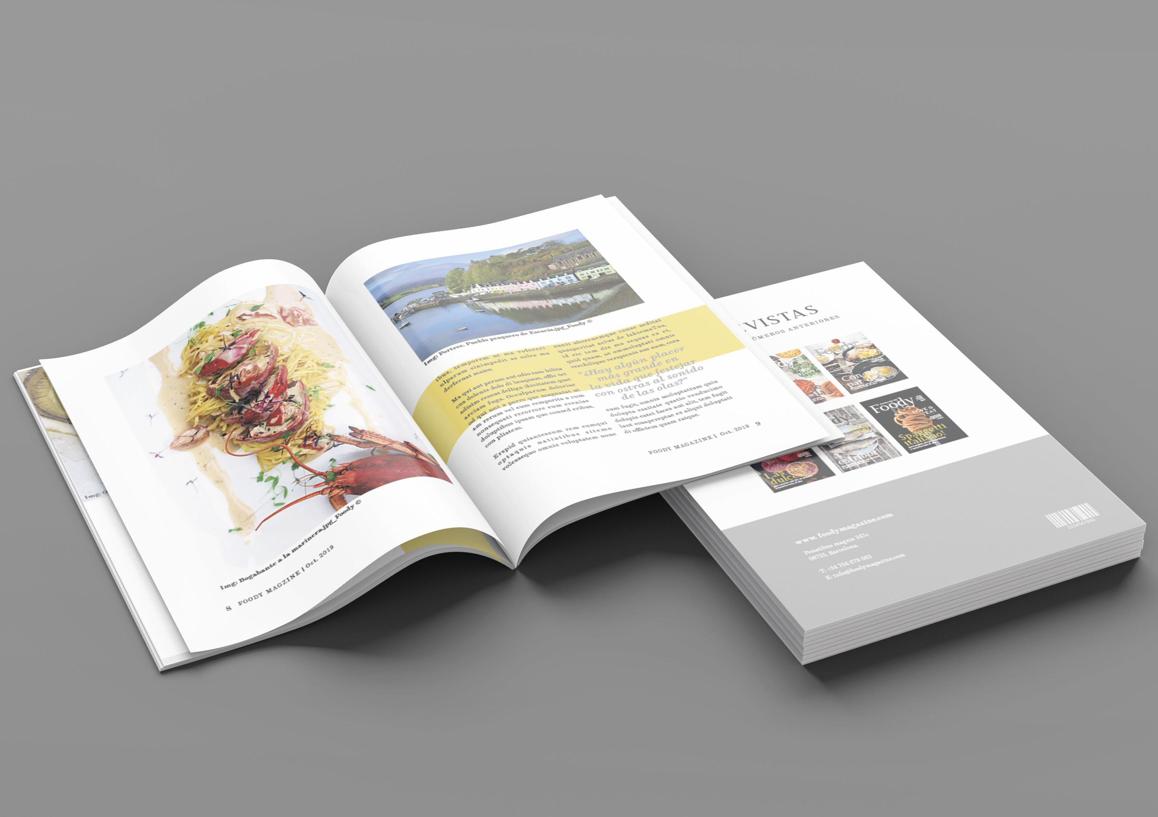 Una revista de arte de impresión de alta calidad abierta, exhibiendo arte vibrante junto a texto.