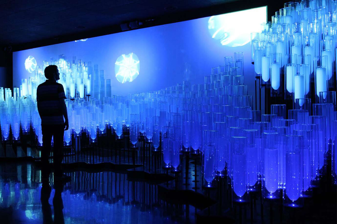 A person stands silhouetted against a large-scale art installation of illuminated glass tubes, creating a captivating blue-lit cityscape.