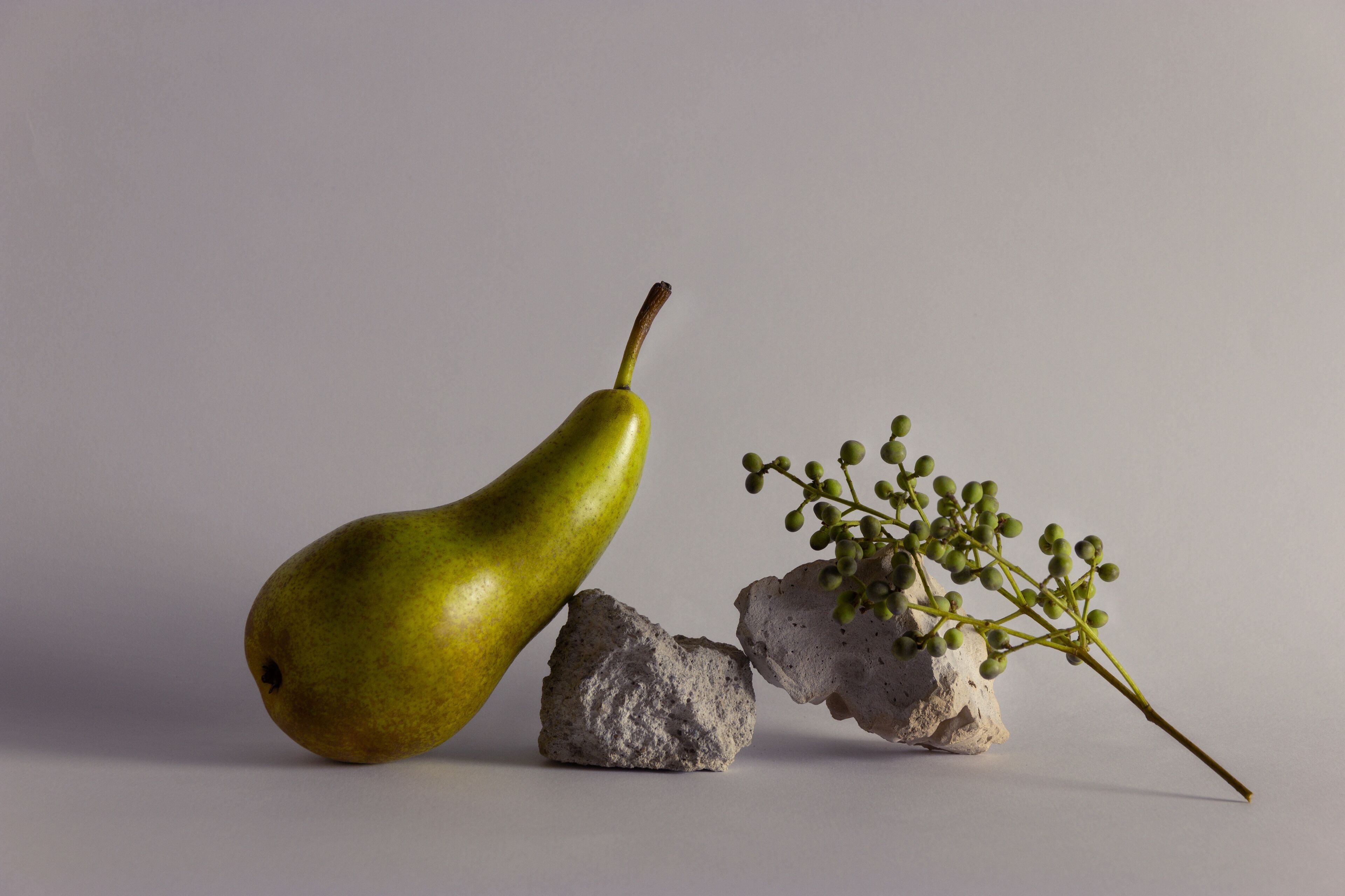A pear and small berries with stones arranged in a simple, elegant still life setup.