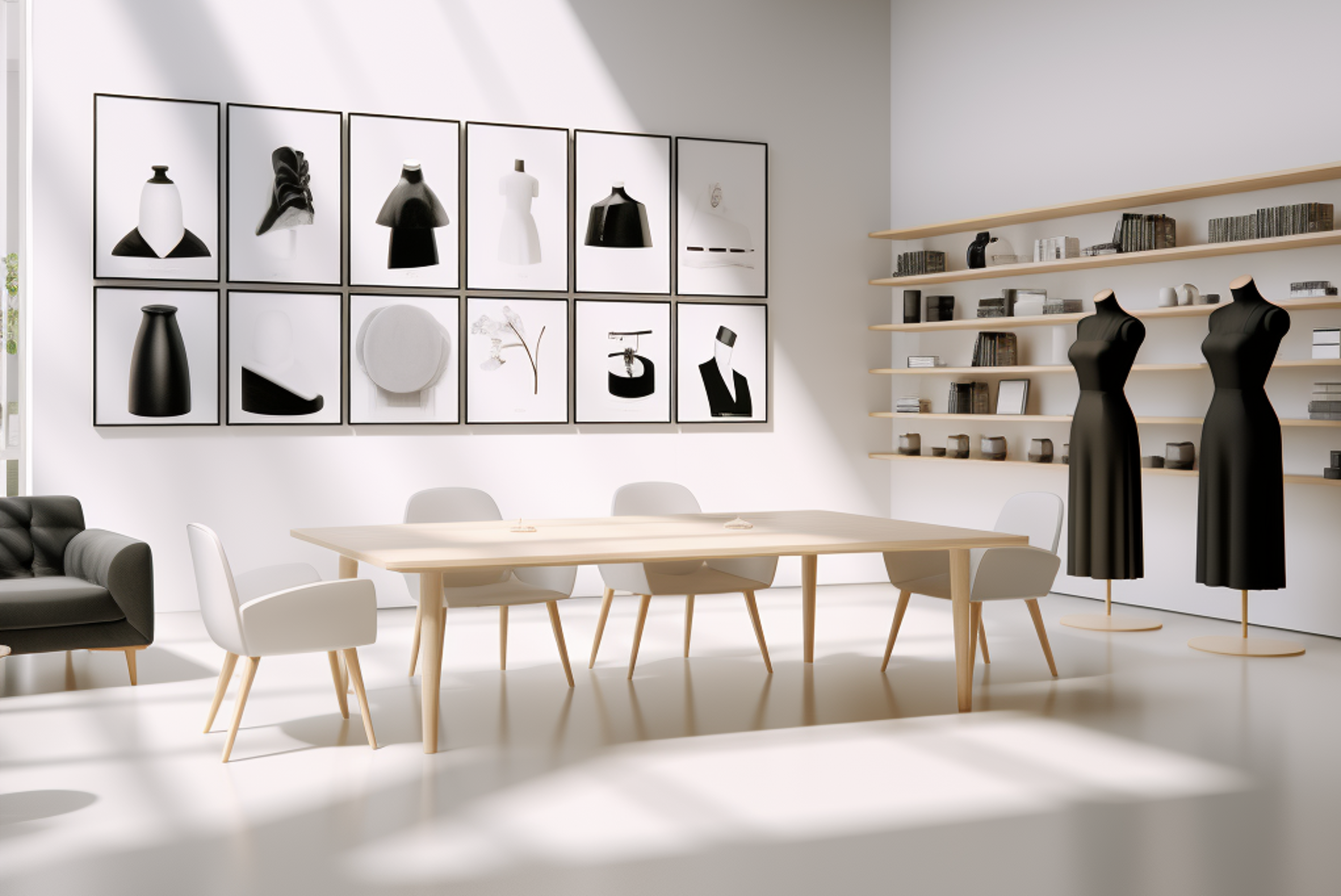 A serene studio space with monochromatic fashion exhibits and a sleek, modern furniture arrangement.