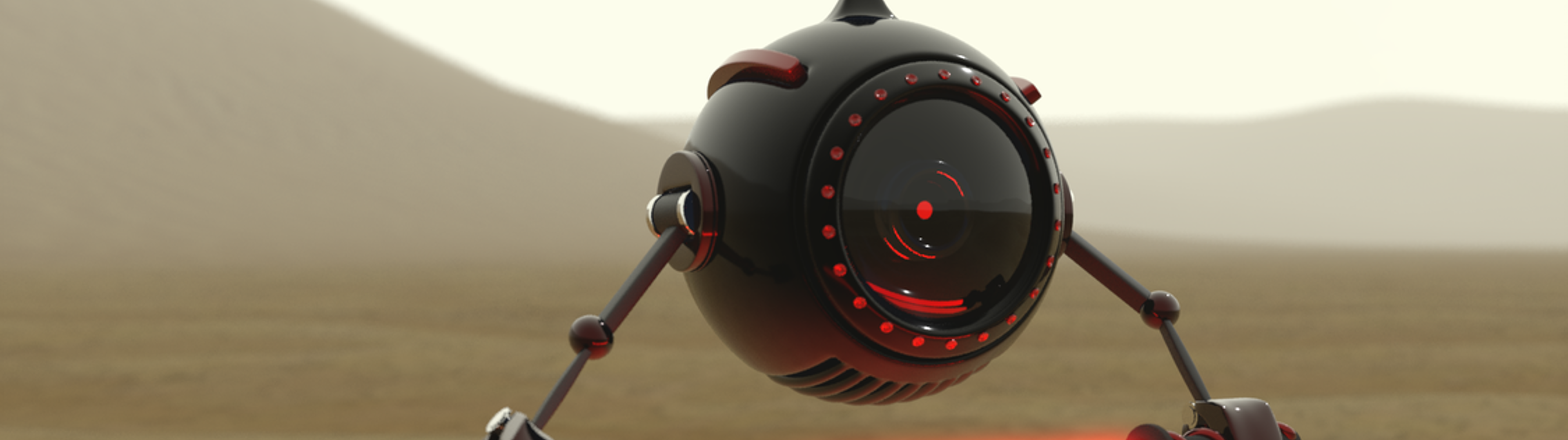 Imagen conceptual de un dron esférico con patas y un láser rojo, en un paisaje desértico.
