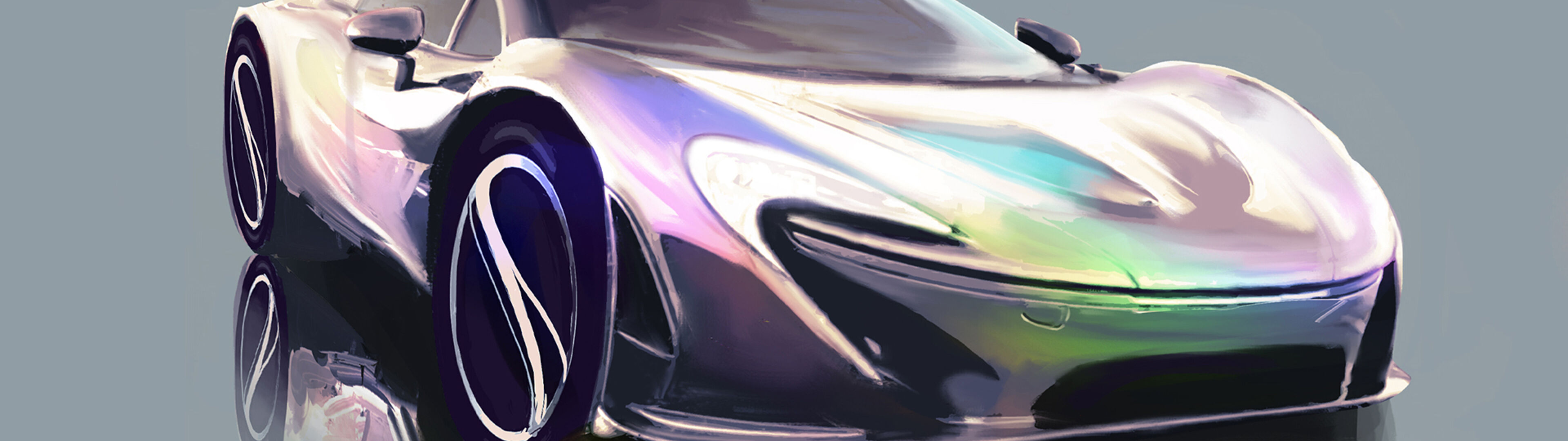 Una ilustración digital de un automóvil deportivo de alto rendimiento con un acabado holográfico y un diseño aerodinámico.