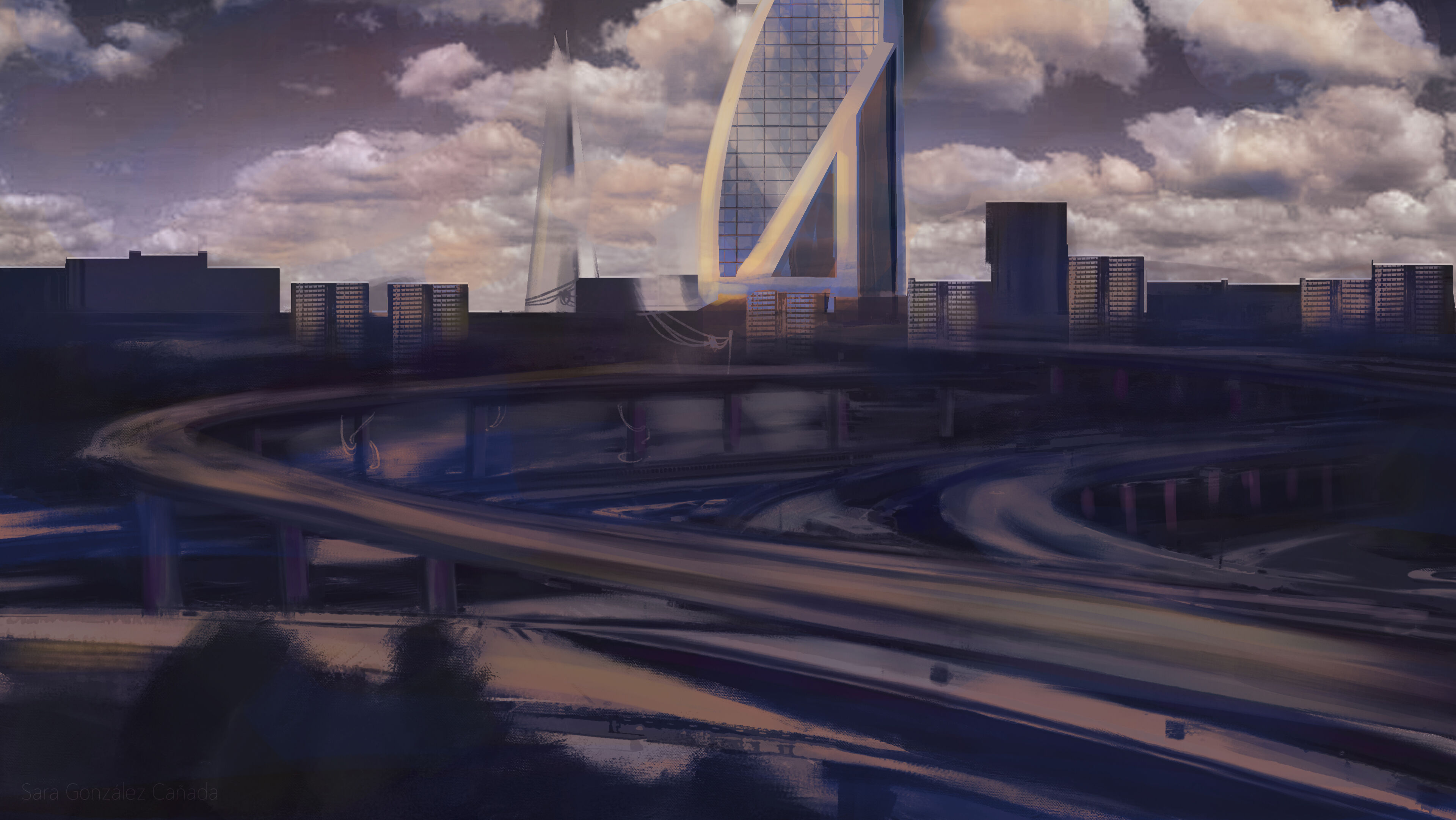 Representació artística d'una ciutat futurista al capvespre amb carreteres il·luminades i un gratacel destacat.