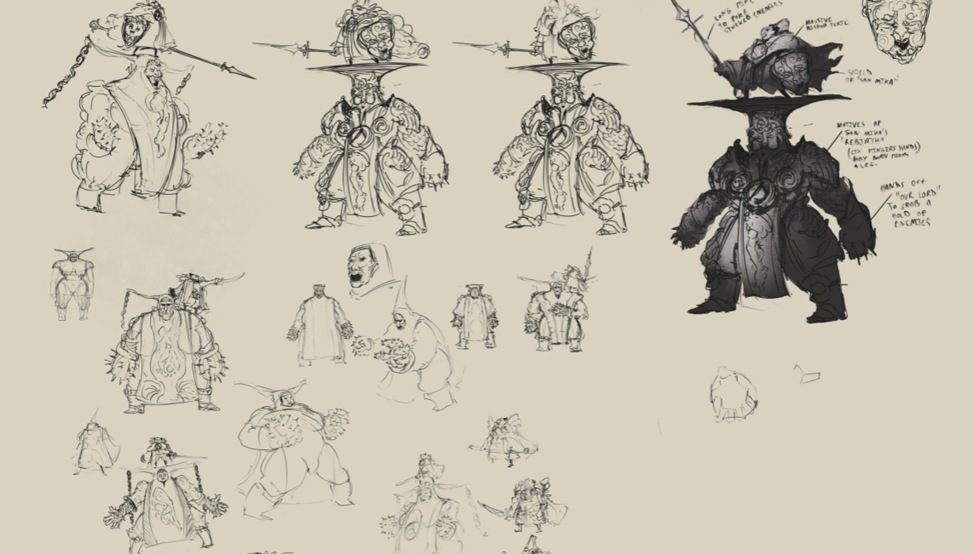 Bocetos conceptuales de un personaje fantástico