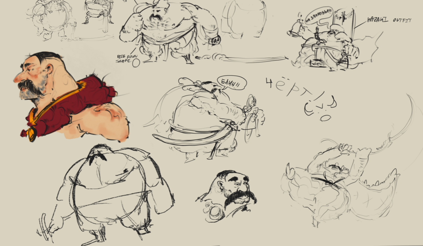 A collection of expressive sketches and studies for a stylized warrior character. Featuring rough pencil lines, exaggerated anatomy, and distinct facial features, the artwork explores dynamic poses, costume ideas, and personality through humorous and action-oriented depictions.