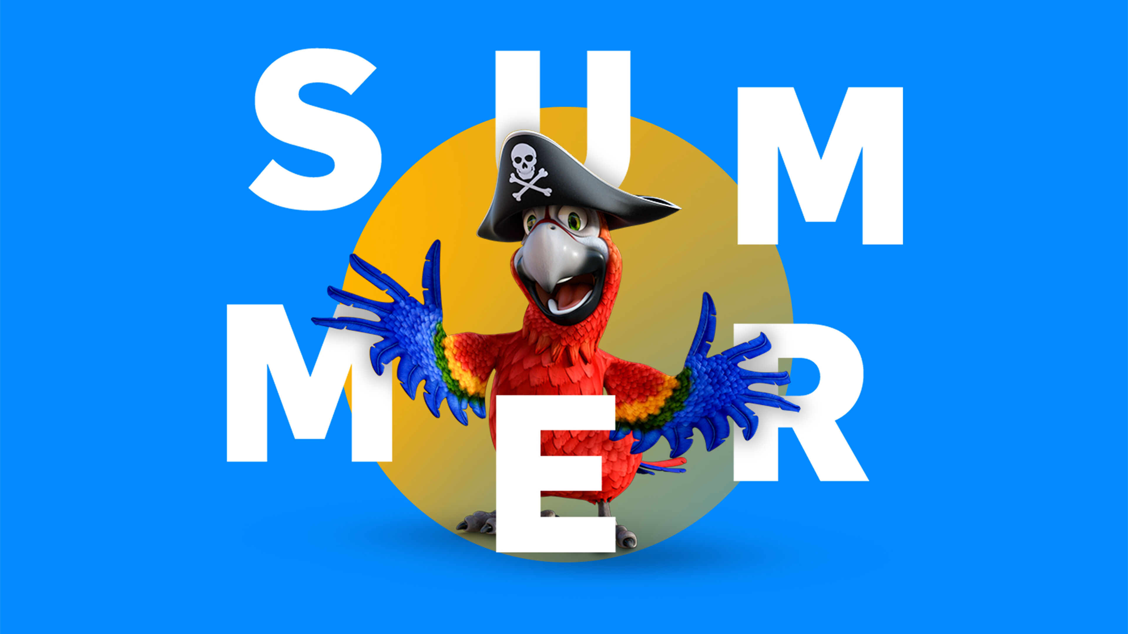 Un gràfic juganer amb text 'ESTIU' i un lloro de dibuixos animats amb vestit de pirata sobre un fons blau.