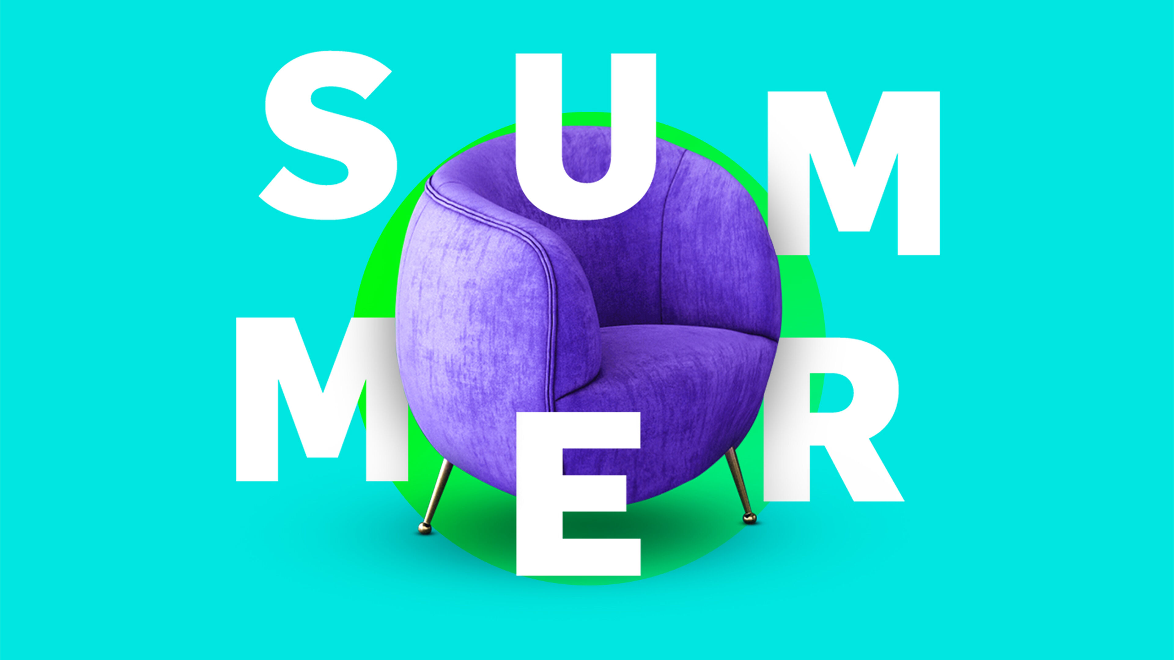 The word 'SUMMER' overlaid on a turquoise background with a stylish purple chair at the center