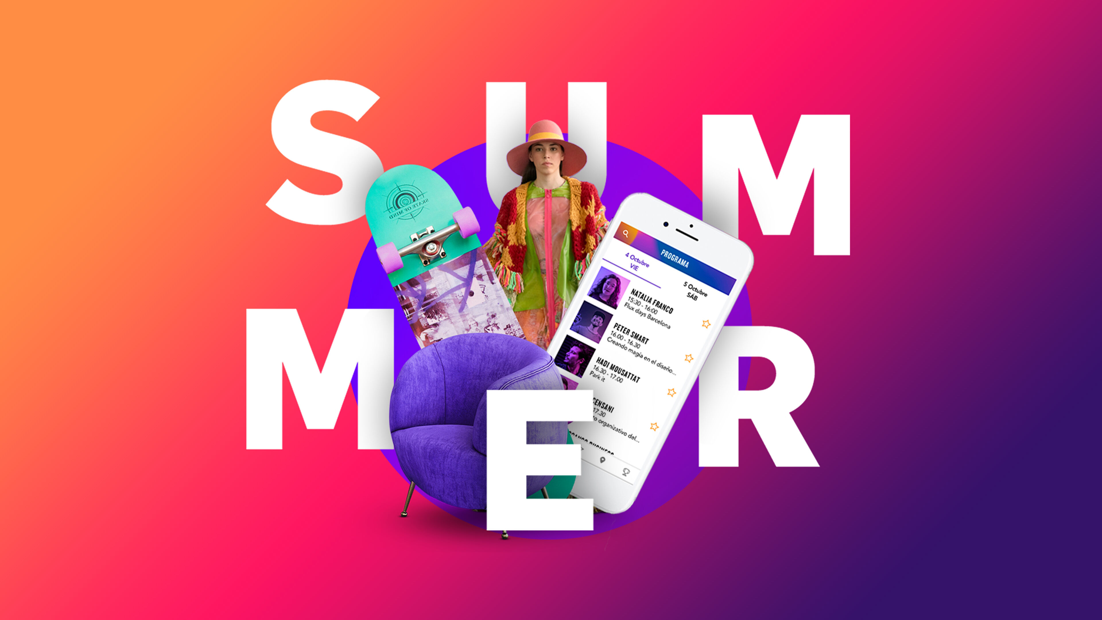 A vibrant ad featuring the word SUMMER, a woman in a sun hat, and a smartphone showing an app.