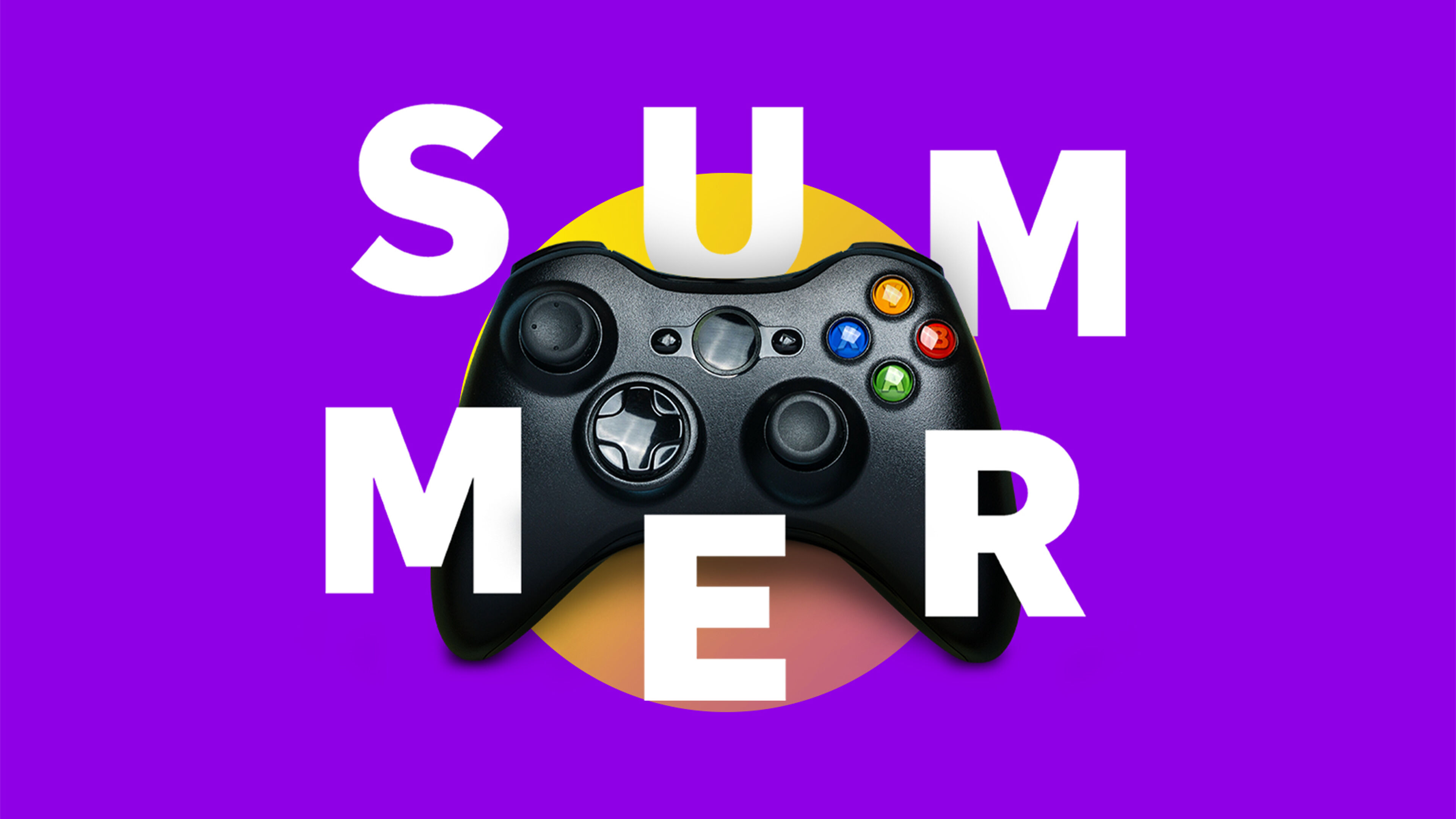 Vibrant summer-themed graphic with a game controller centered over a purple background.