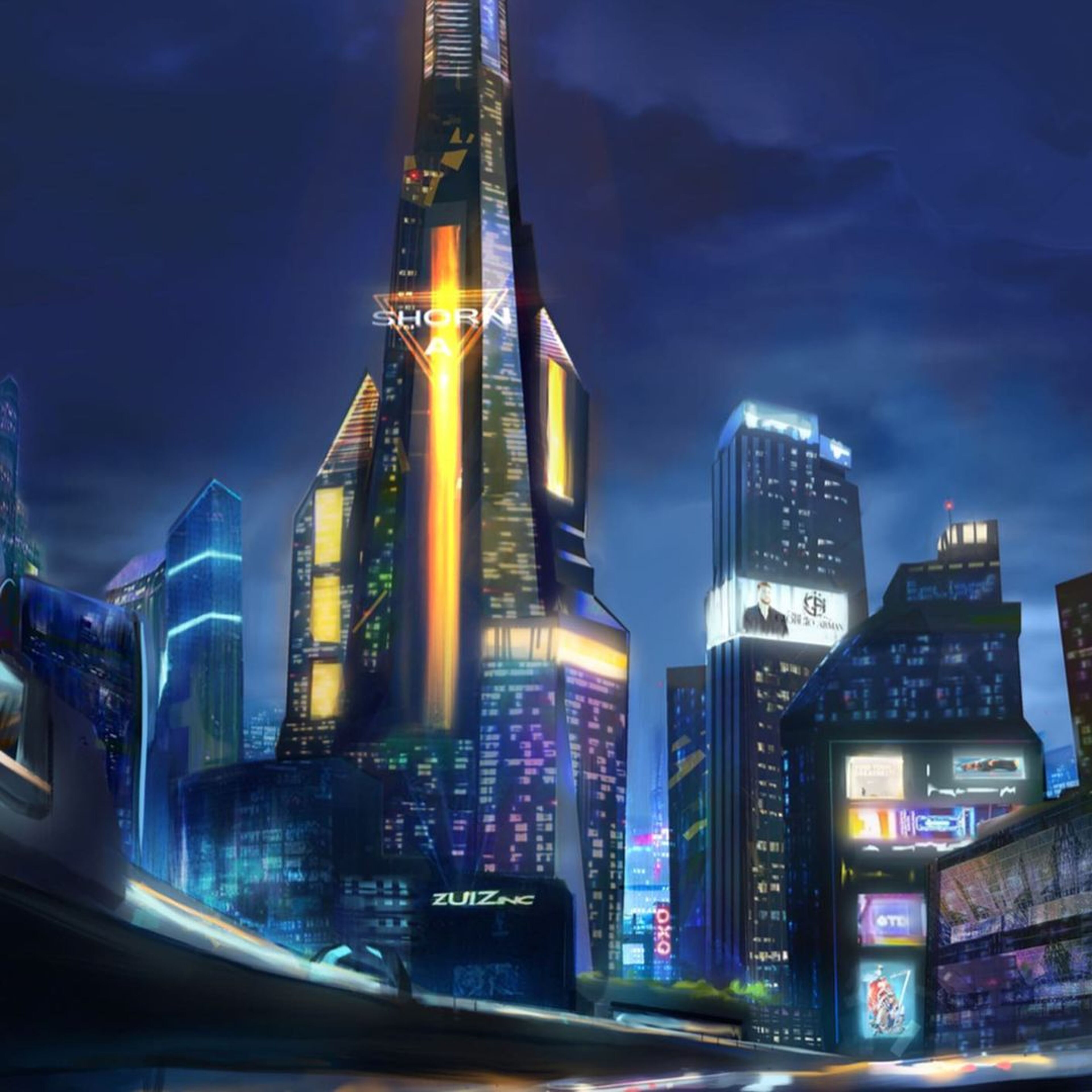 Un imponente rascacielos central domina una ciudad vibrante por la noche, iluminada por letreros de neón y el brillo de numerosas ventanas.