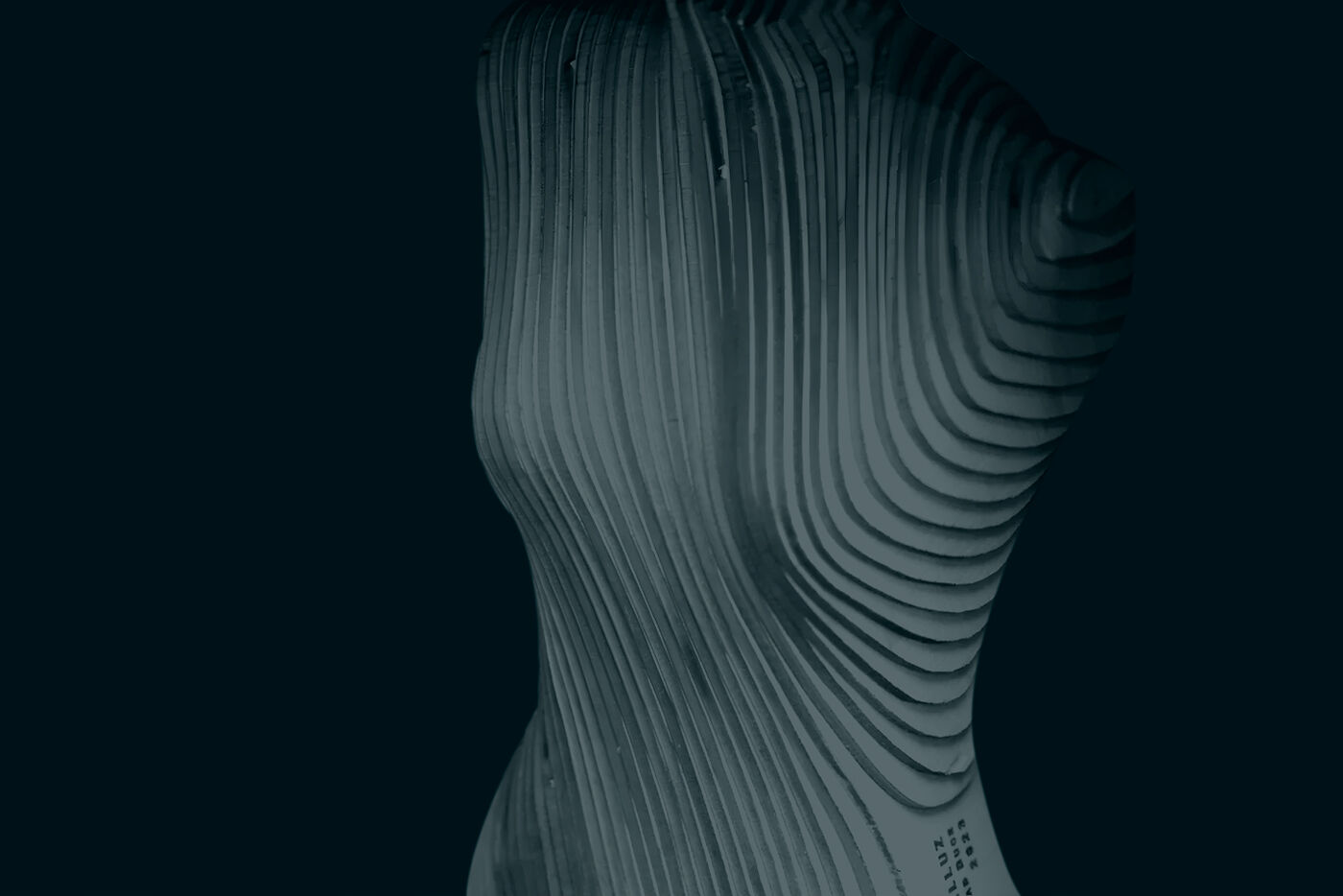 The trophy is a sculptural piece that depicts a female bust built from layered materials that evoke topographic contour lines, photographed against a dark background.