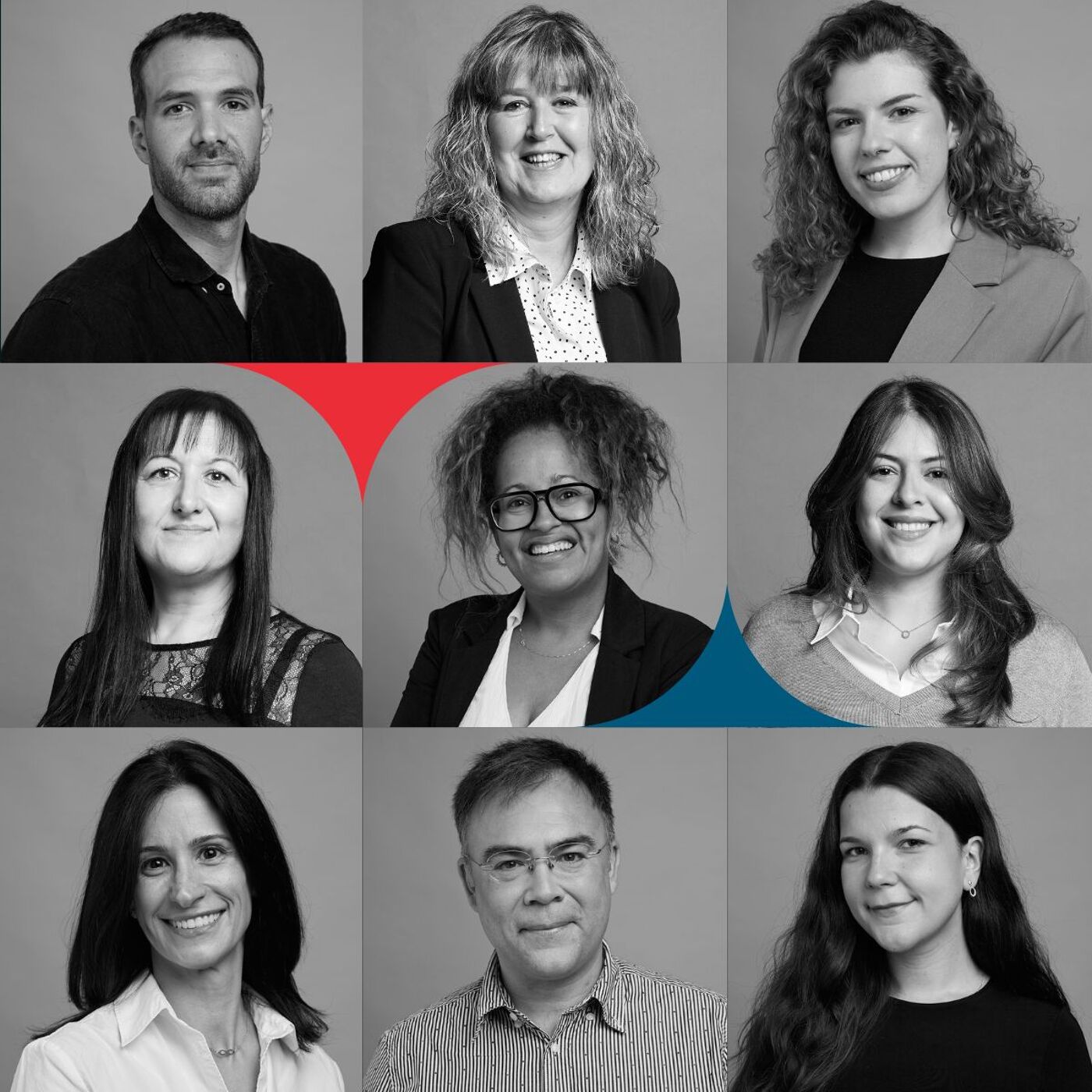 The image showcases a grid of nine individuals, all appearing to be professionals, posing for what seems to be a corporate headshot. The photo is in black and white.