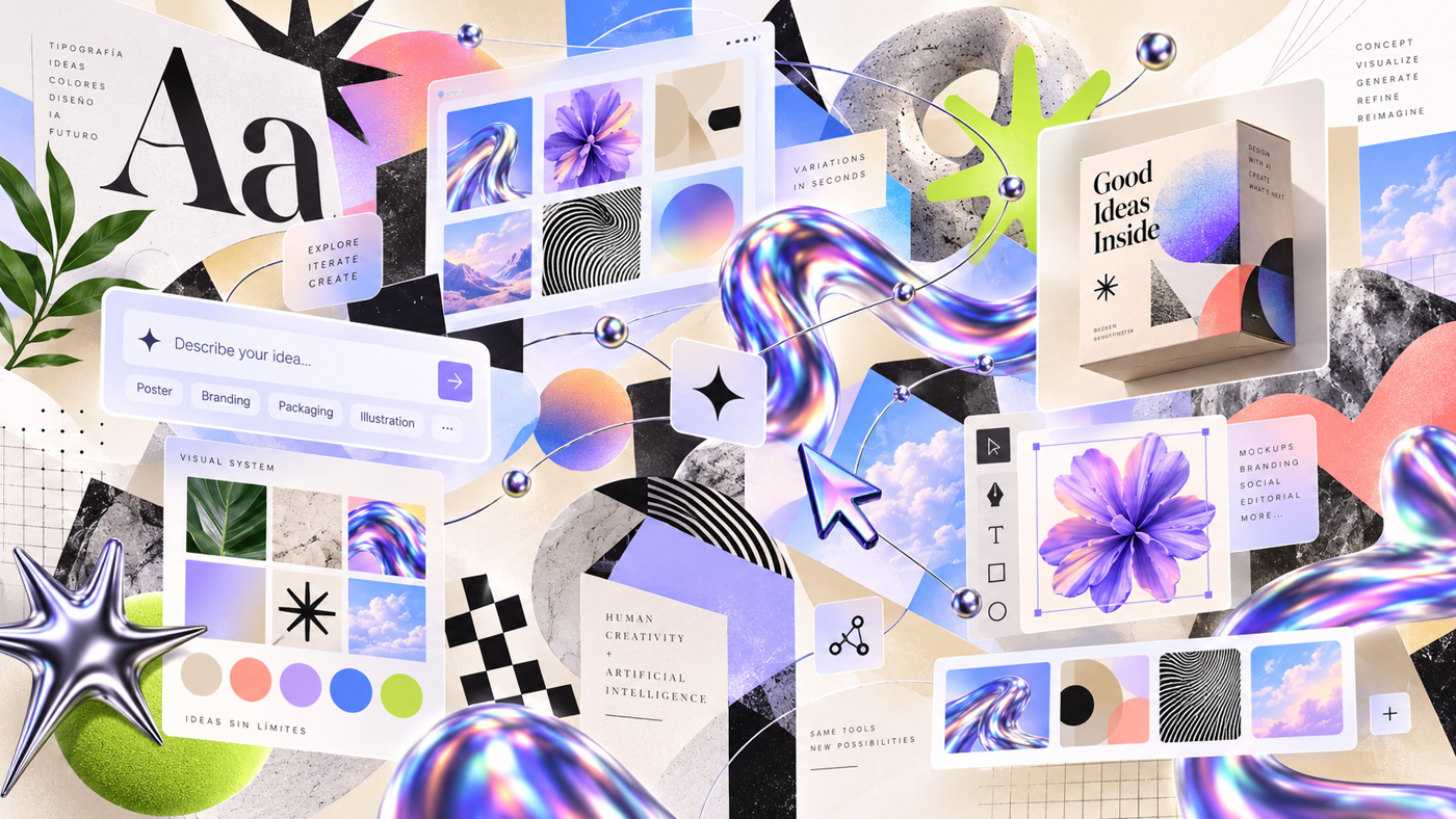 This image displays a vibrant collage of graphic design elements, including typography, color palettes, abstract imagery, and visual inspiration for creativity.