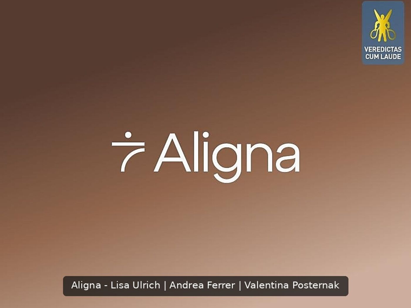 The image displays the logo of a company named "Aligna", with the names of its members at the bottom. The logo is white against a gradient brown background.