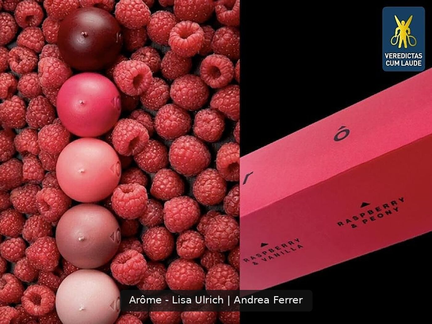 The image displays pink and red colored chocolates arranged on a bed of raspberries, next to a red gift box that reads "Raspberry & Peony".