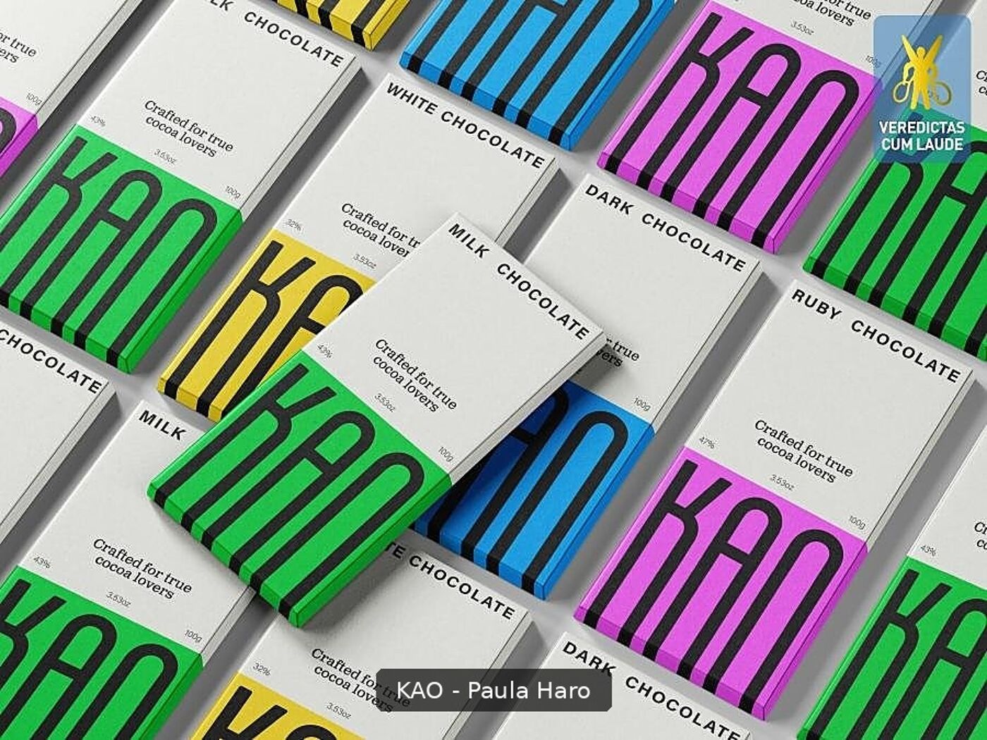 A selection of KAO brand chocolate bars, featuring vibrant colorful wrappers indicating different flavors like white, milk, dark, and ruby chocolate.