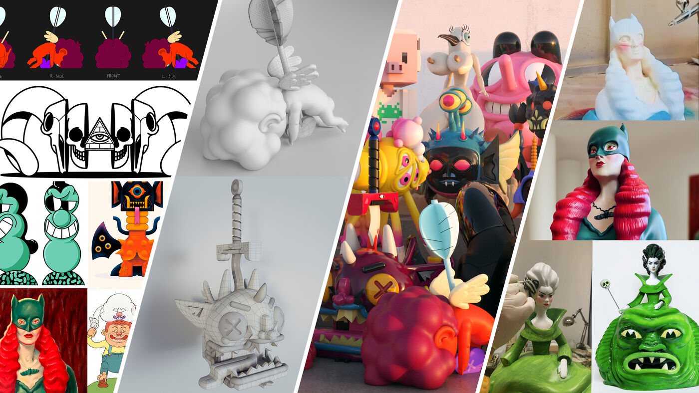This image displays a vibrant collage of various artistic creations, featuring cartoon characters, sculptures, and animated sequences, showcasing a diverse range of creative styles and themes.