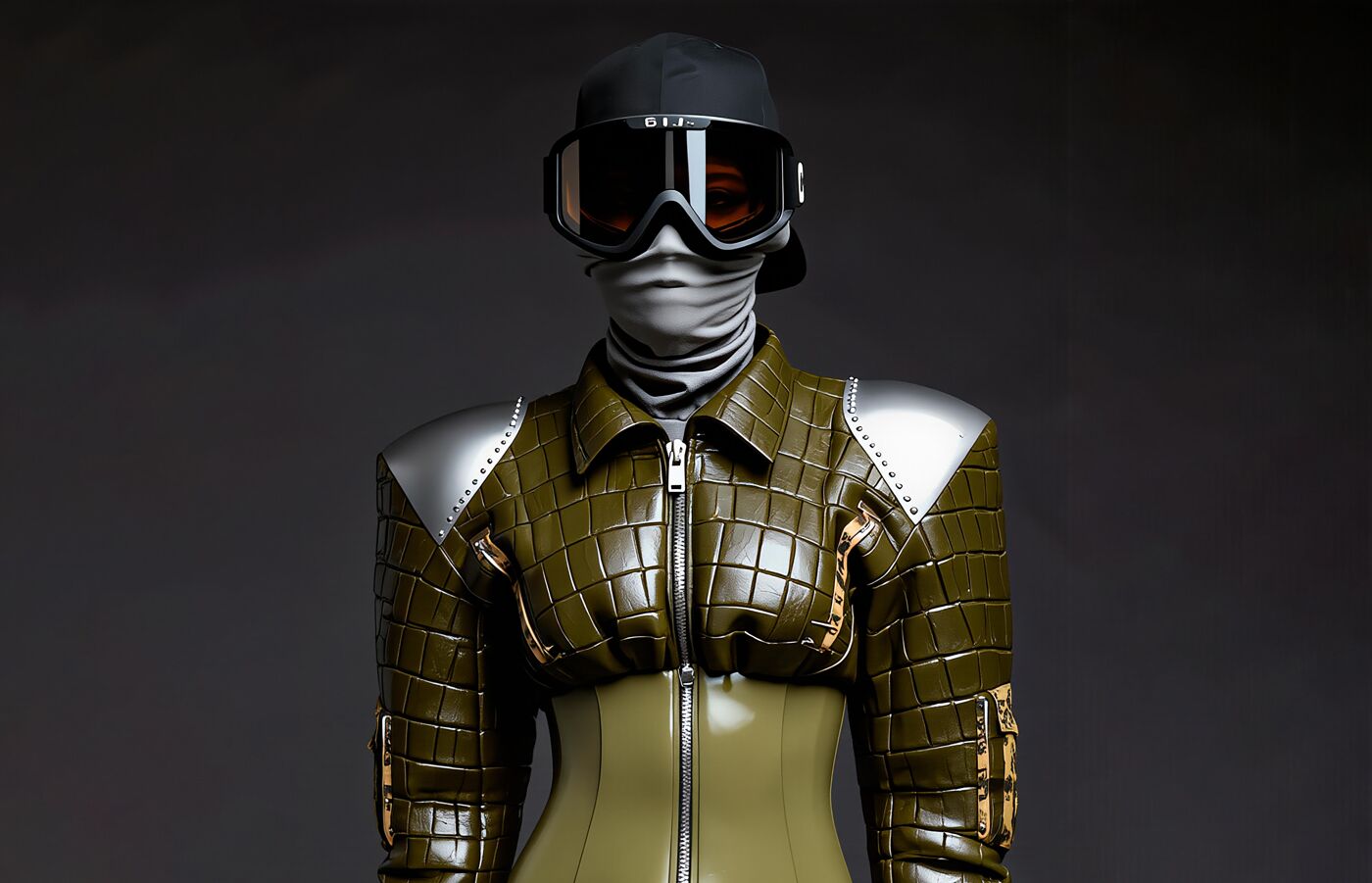 This image displays a mannequin dressed in a stylish, avant-garde outfit featuring a green textured jacket, a cinched waist, and ski goggles, evoking a futuristic and edgy aesthetic.