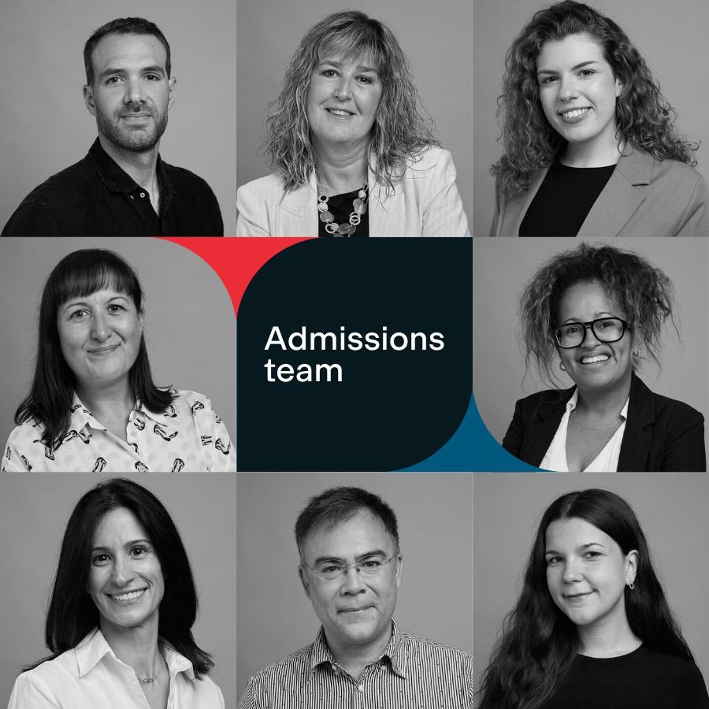 A collage shows nine headshots of the admissions team, arranged in a 3x3 grid with a central title card reading "Admissions team".