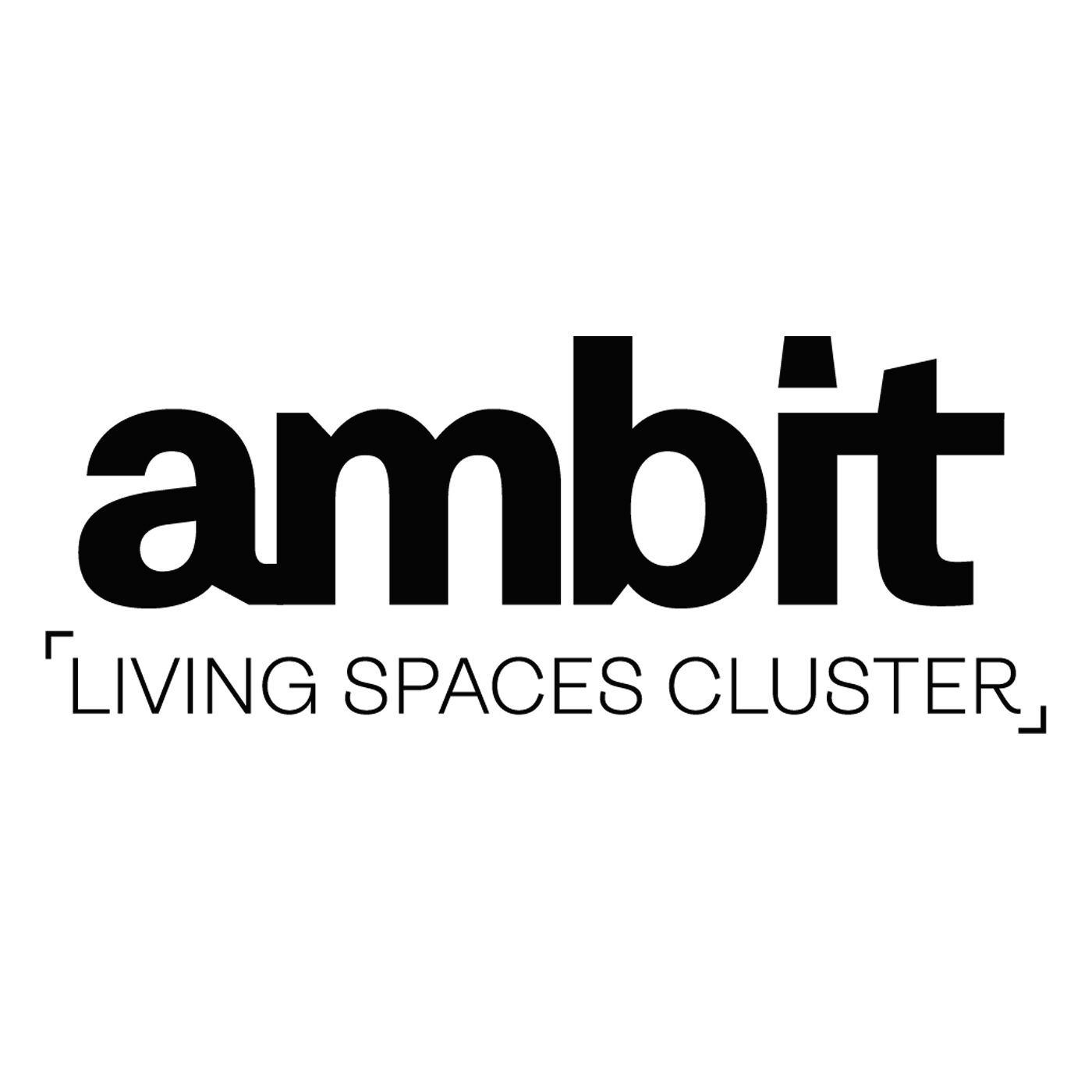 A black and white logo for Ambit Living Spaces Cluster features the word "ambit" in a bold, sans-serif font.