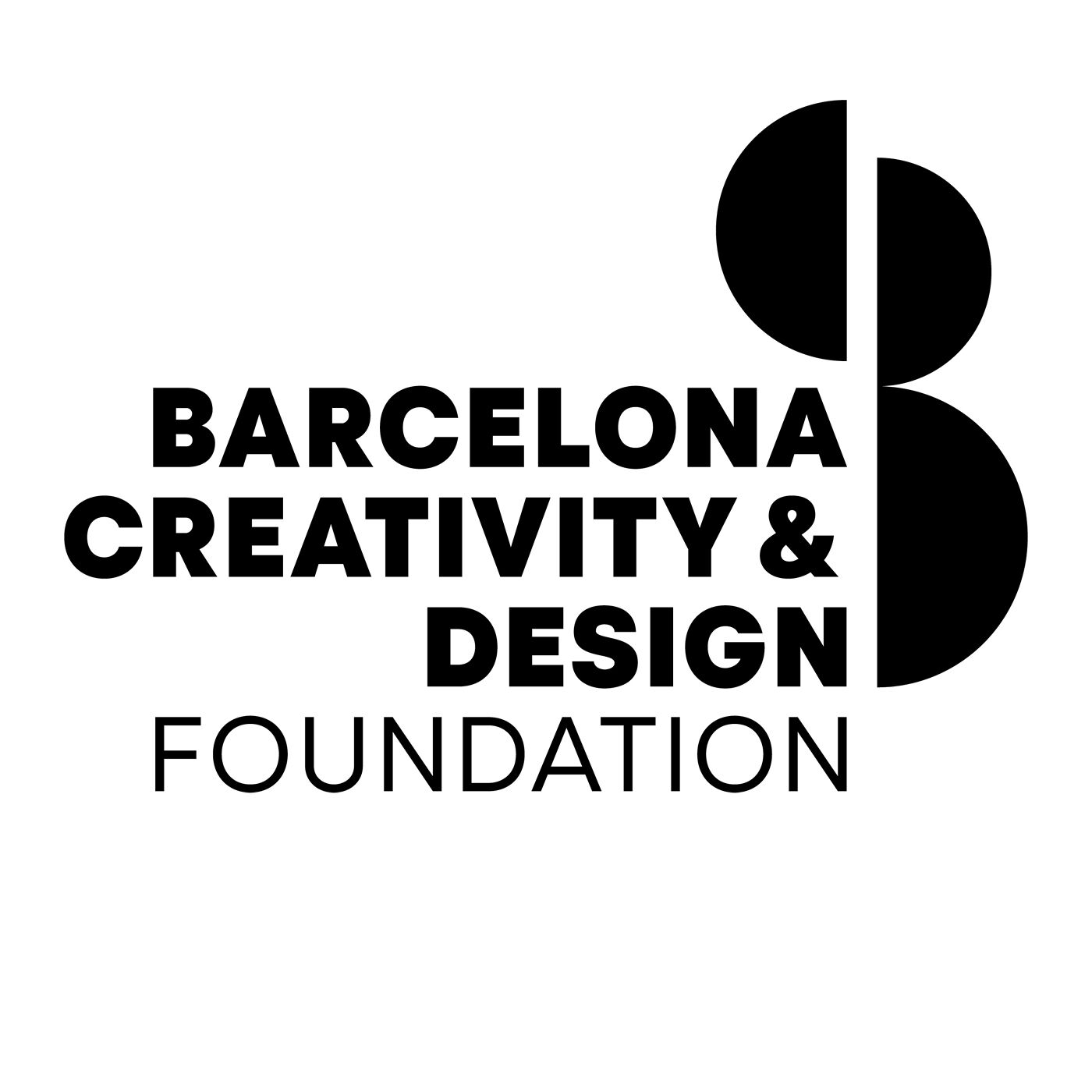 A black and white logo for the Barcelona Creativity & Design Foundation features stacked text and an abstract black figure that resembles the number 8.