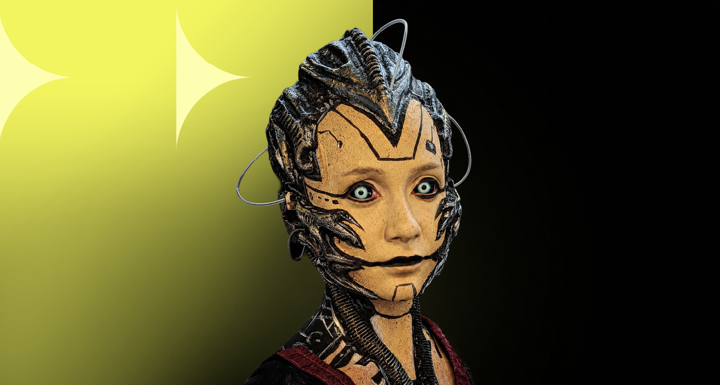 This is a digital artwork of a robot with a human-like face, featuring intricate mechanical details on its head and neck, set against a split background of yellow and black.