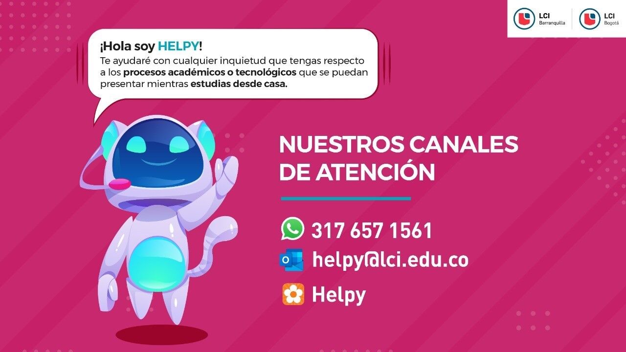 Un anuncio vibrante que presenta a "HELPY", un simpático robot, promocionando apoyo académico y tecnológico para estudios en línea.