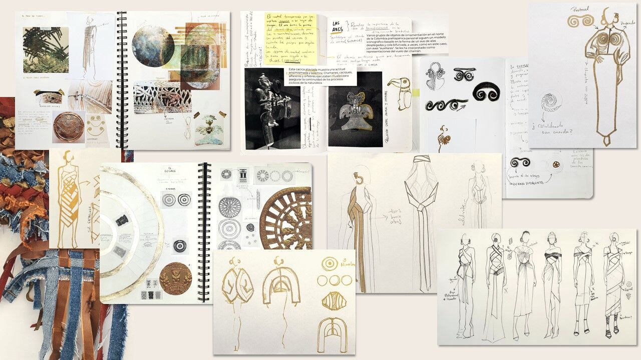 Una variedad de bocetos, notas y muestras de tela que exhiben el proceso creativo del diseño de moda.
