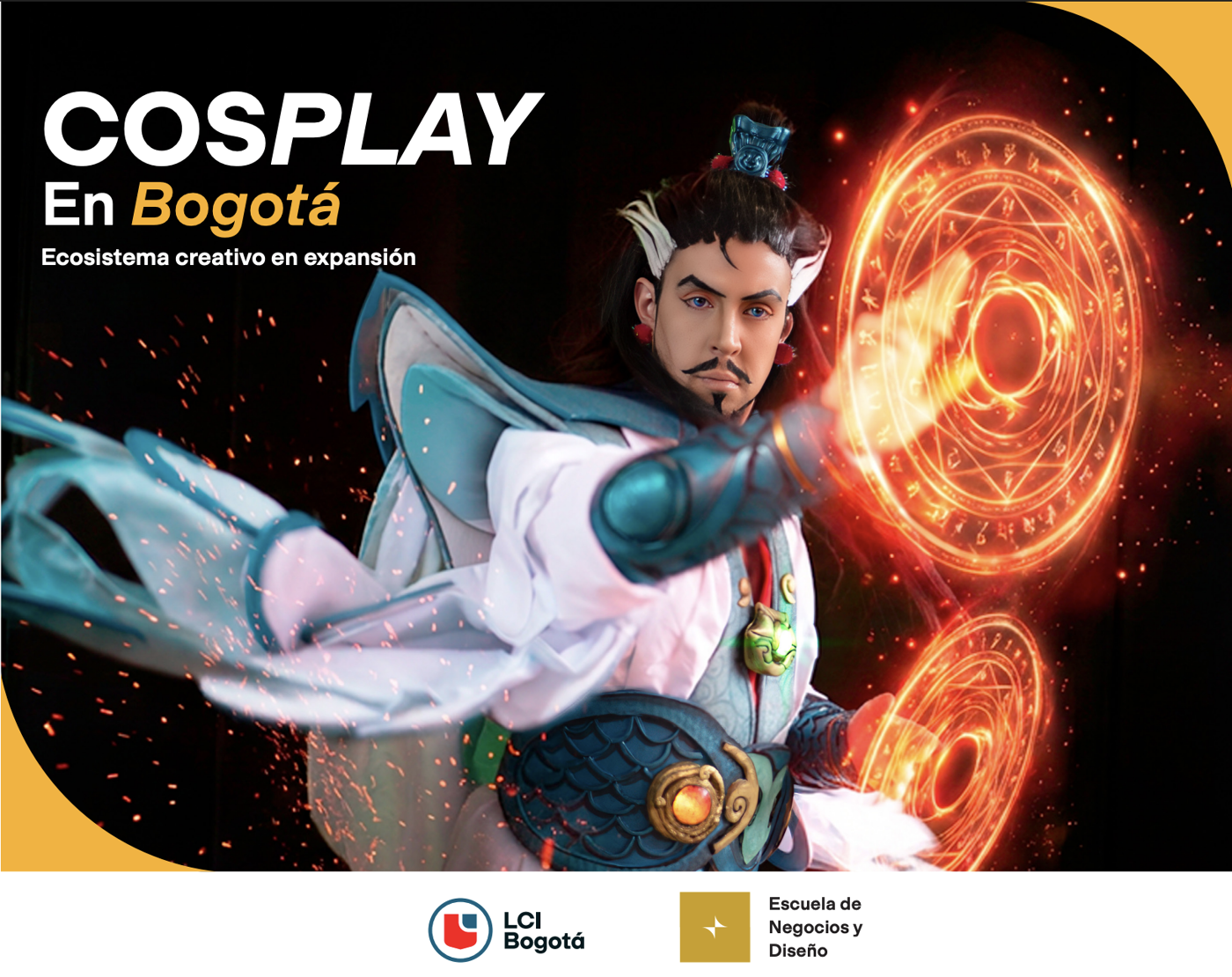 This image features a man in a cosplay costume, likely from an anime, in Bogotá, highlighting the city's expanding creative ecosystem and the LCI Bogotá institution.