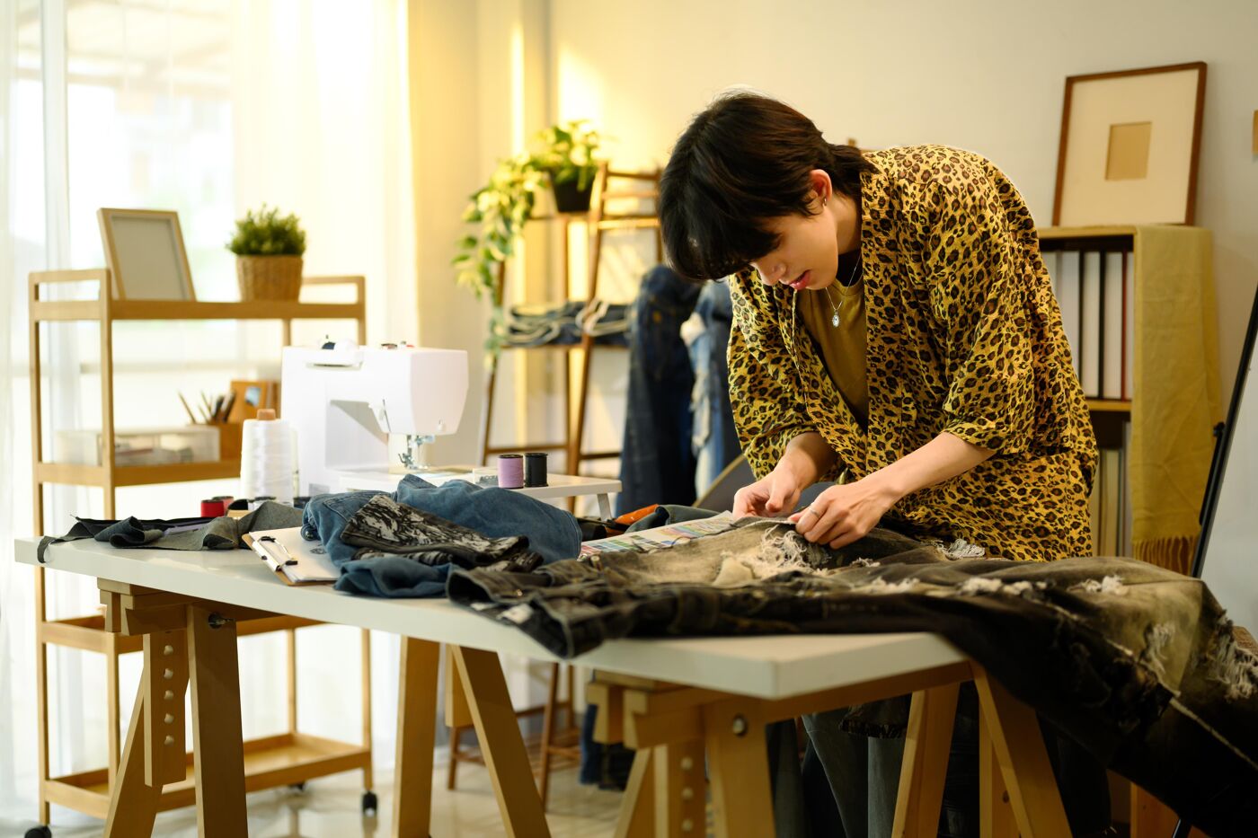 A person is focused on sewing a garment at a table. There's a sewing machine and various materials around. The room is well-lit and appears to be a workspace.