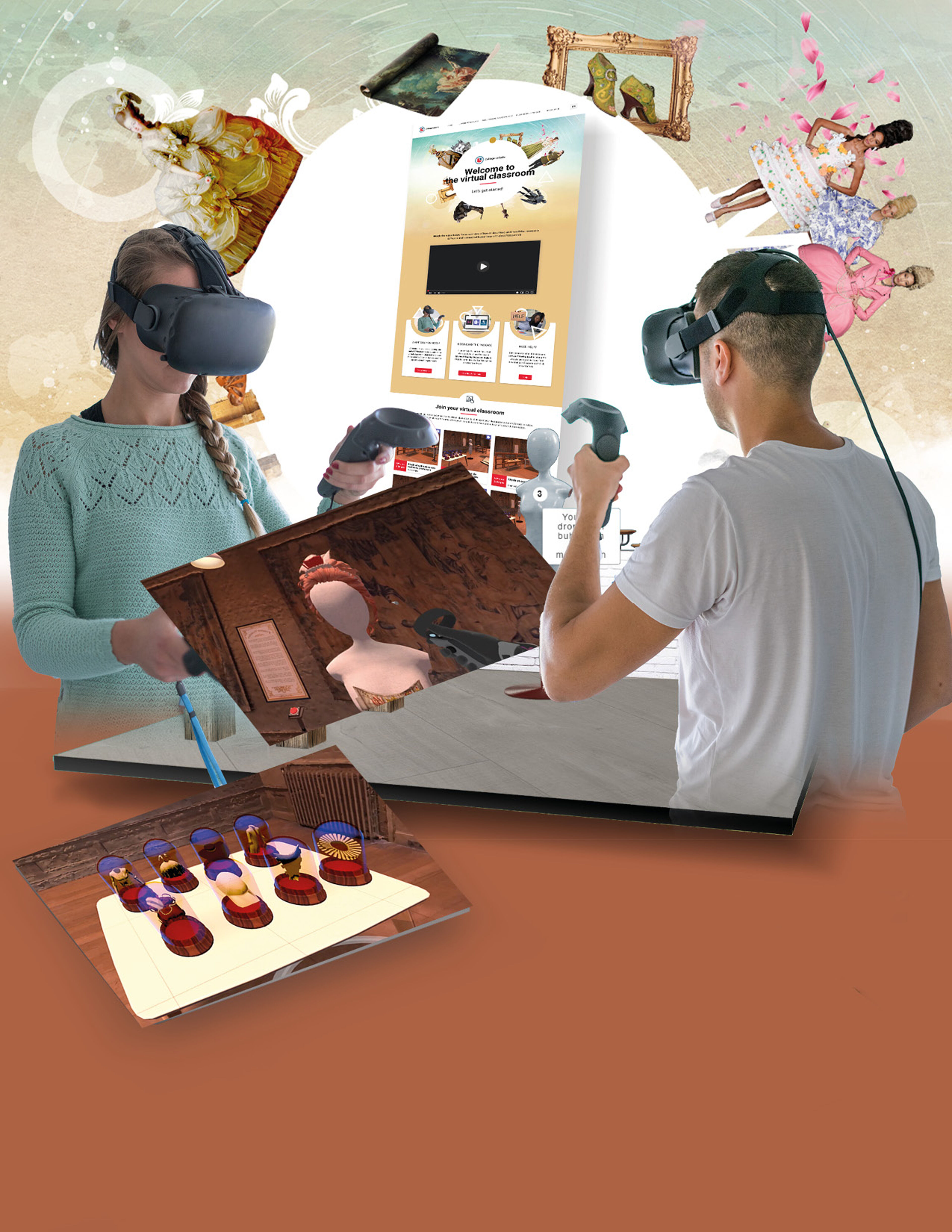 Two people engaged in a VR simulation, with artistic imagery in the background.