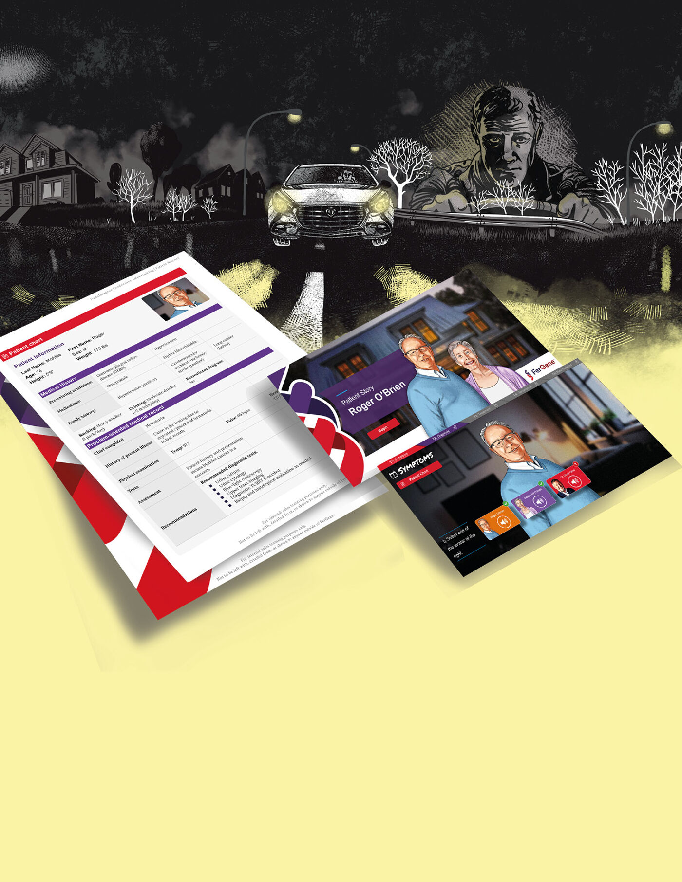 A montage of e-learning interfaces with a backdrop of a nocturnal suburban scene.
