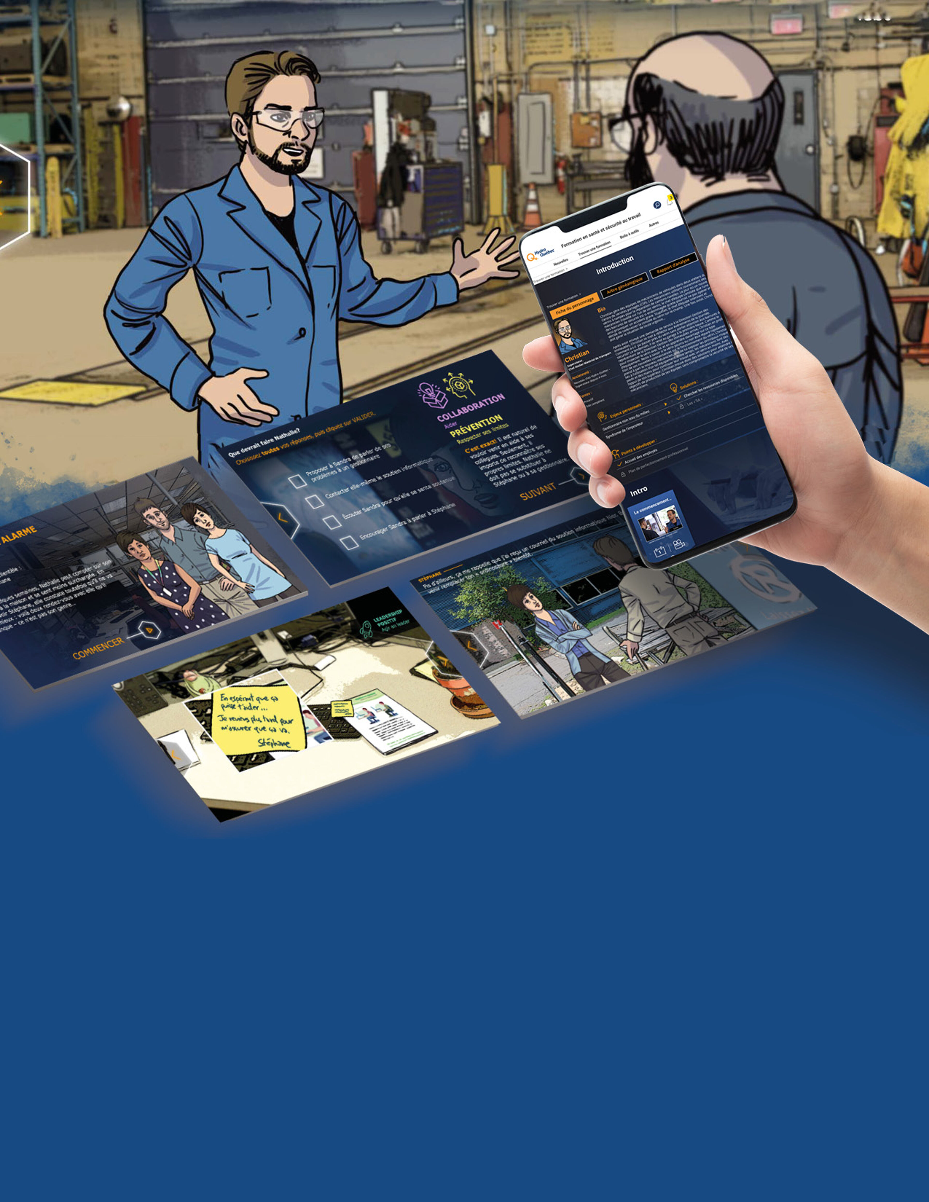 A hand holding a smartphone displaying a training simulation in an industrial setting.