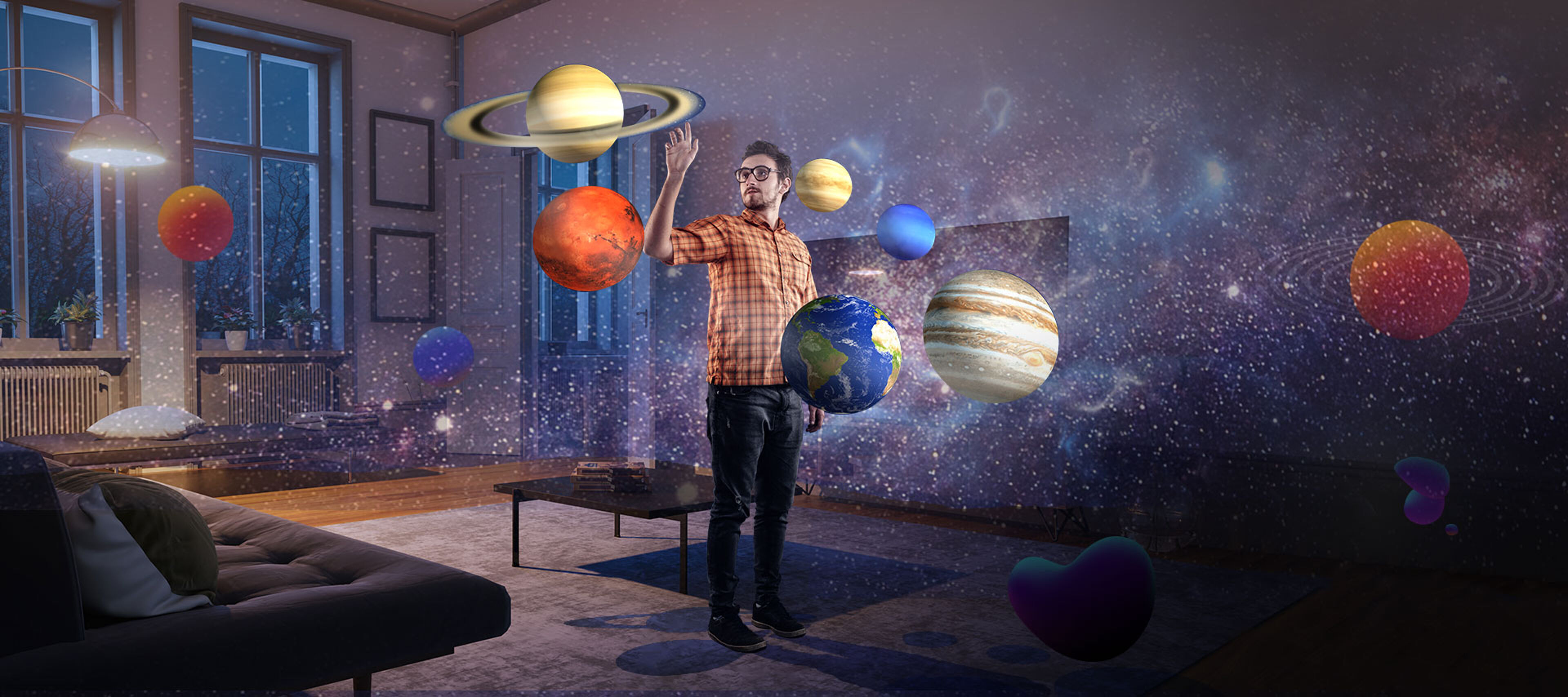 A man in a plaid shirt interacts with a 3D solar system in an augmented reality setting, surrounded by a cosmic backdrop inside a room.