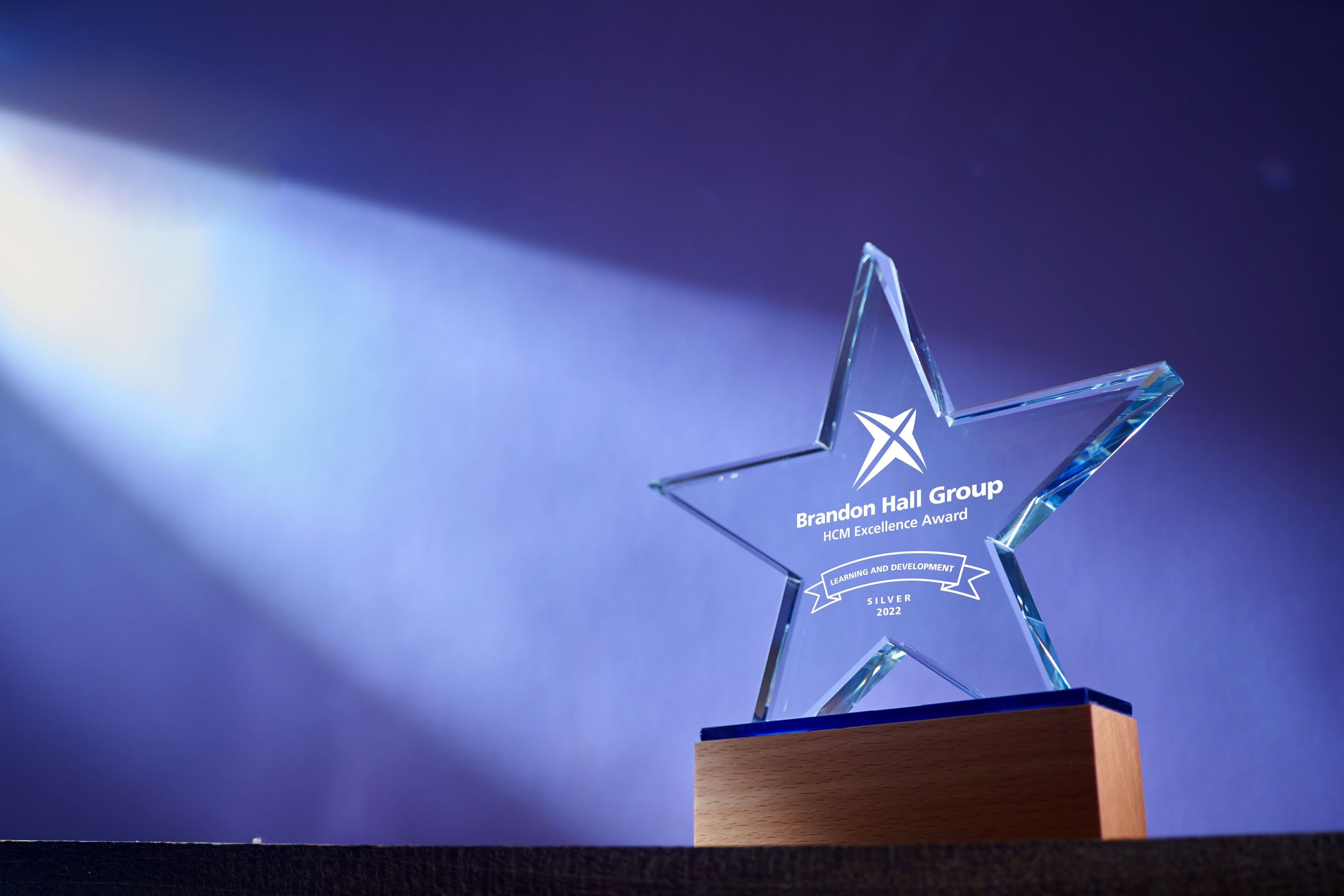 A crystal star trophy from the Brandon Hall Group HCM Excellence Awards gleams under a spotlight.