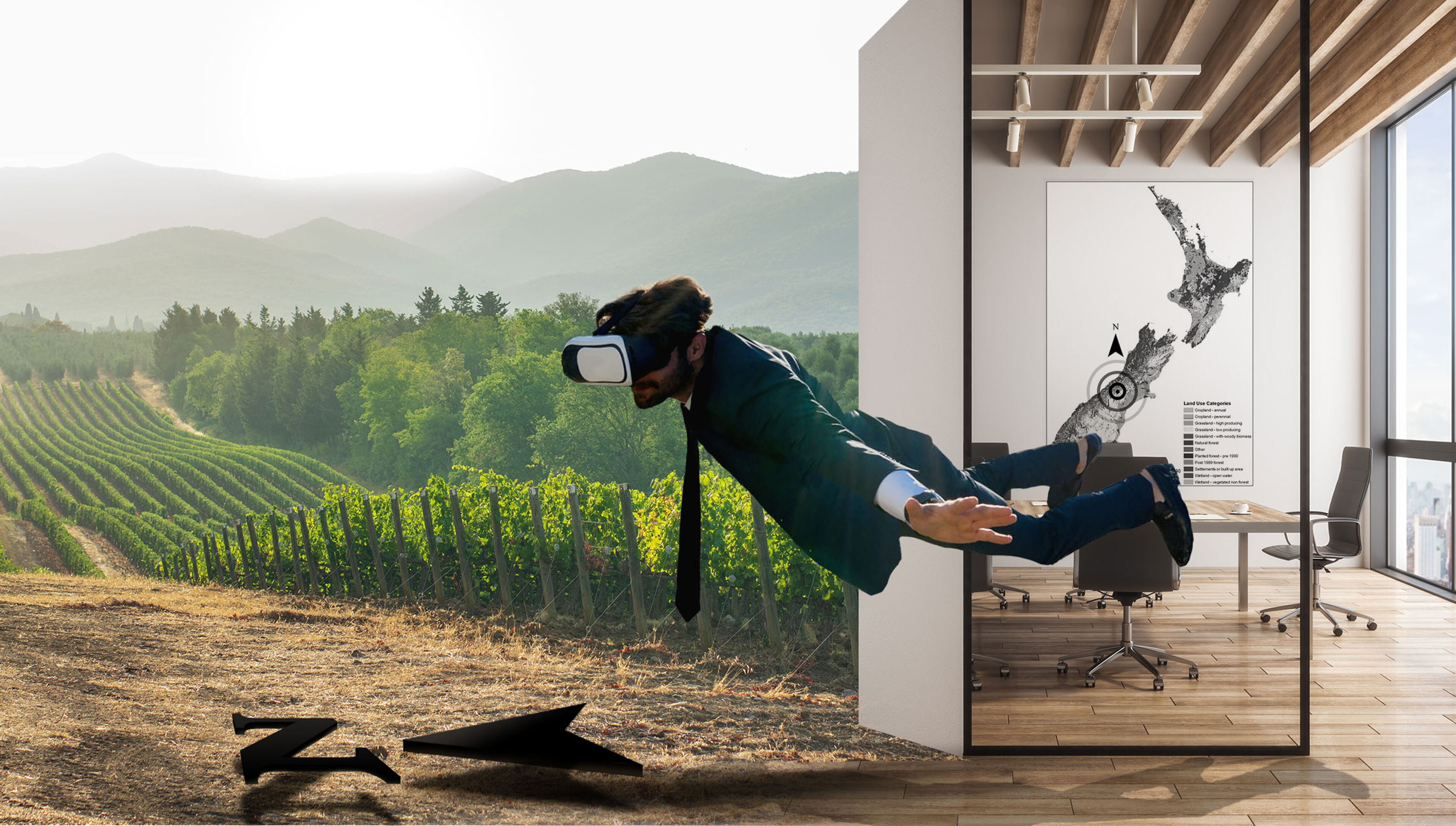 A man in a suit takes a virtual leap into a scenic vineyard landscape.